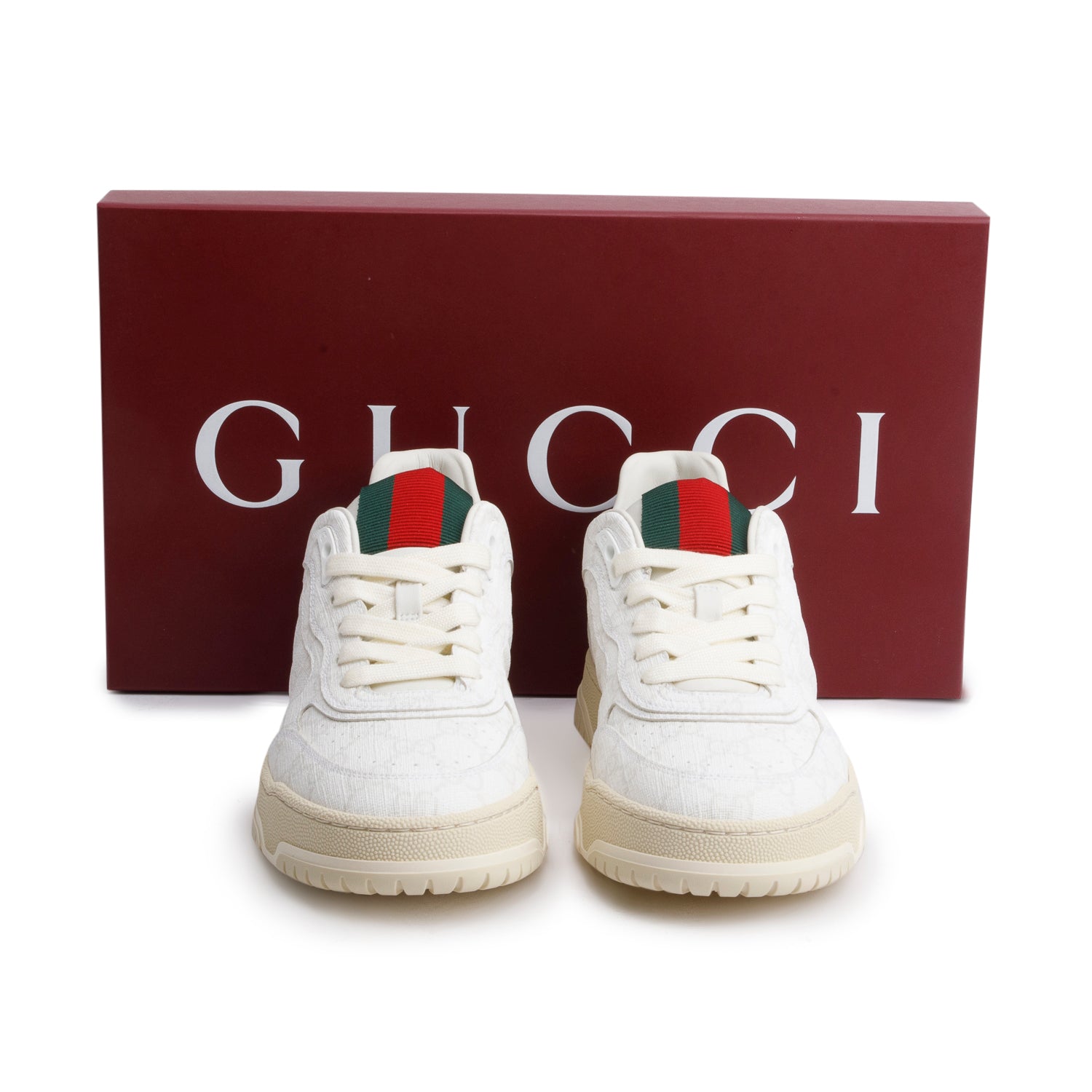 Gucci GG Supreme Monogram Leather Re-Web Sneakers, Size 38 w/ Box