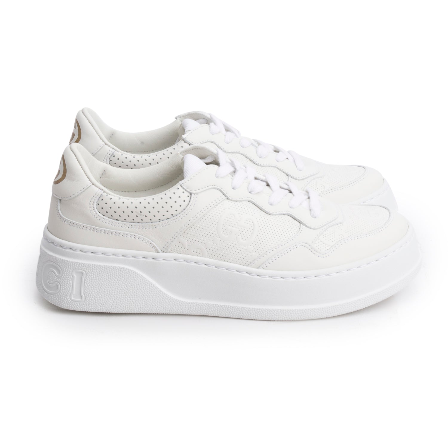 Gucci White Calfskin GG Tennis Embossed Perforated Platform Sneakers, Size 39.5 w/ Box