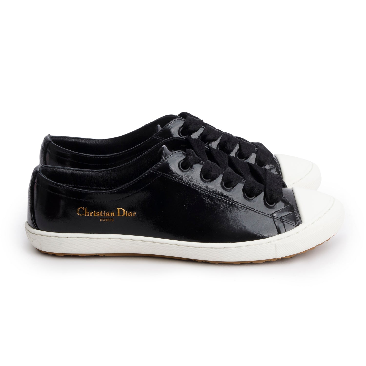 Christian Dior Black Patent Leather Dior Lucky Sneakers, Size 36 w/ Box