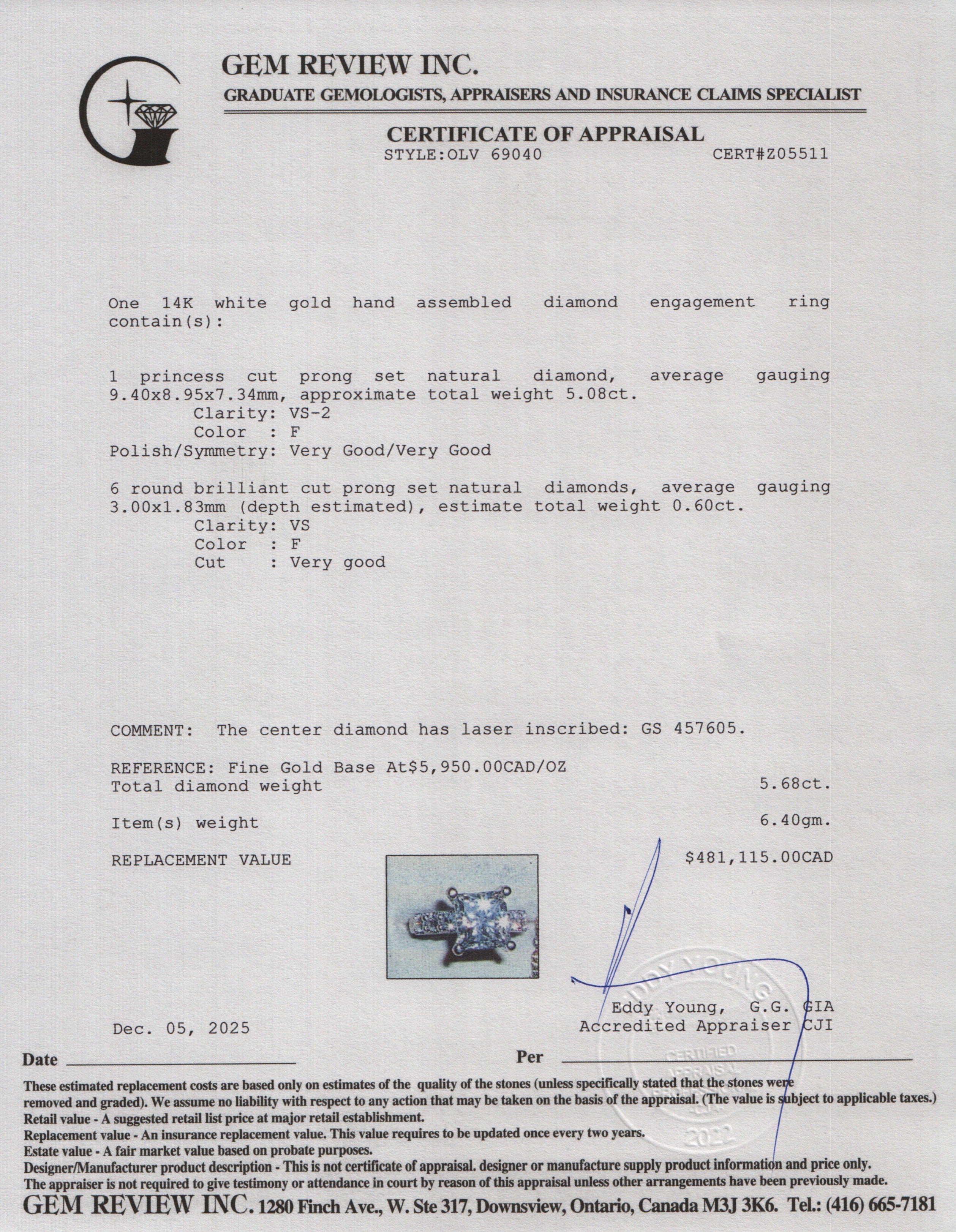 14k White Gold 5.08 ct. Princess Cut Diamond Engagement Ring, Size 6.25