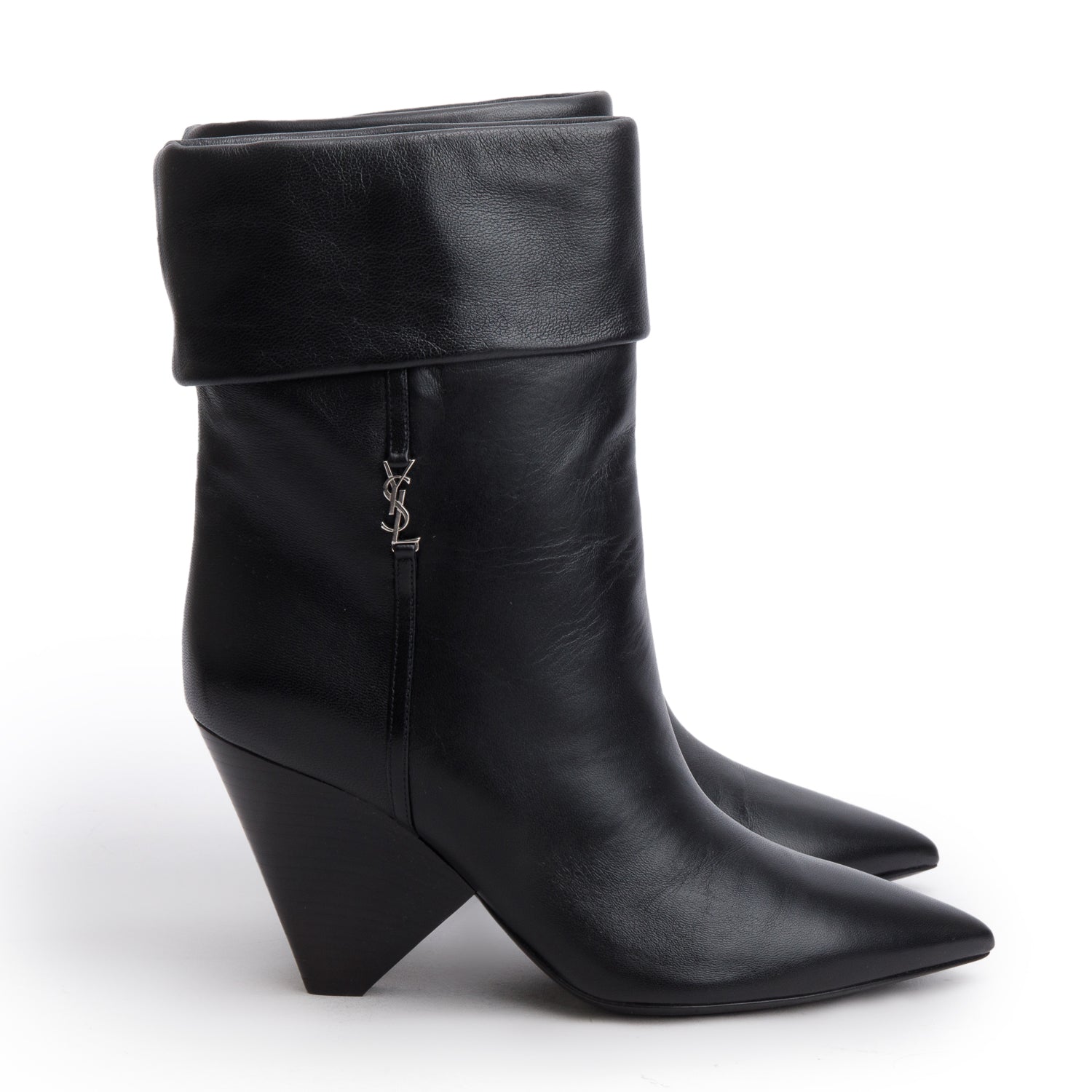Saint Laurent Black Calfskin Niki 85 Wedge Booties, Size 38.5 w/ Box