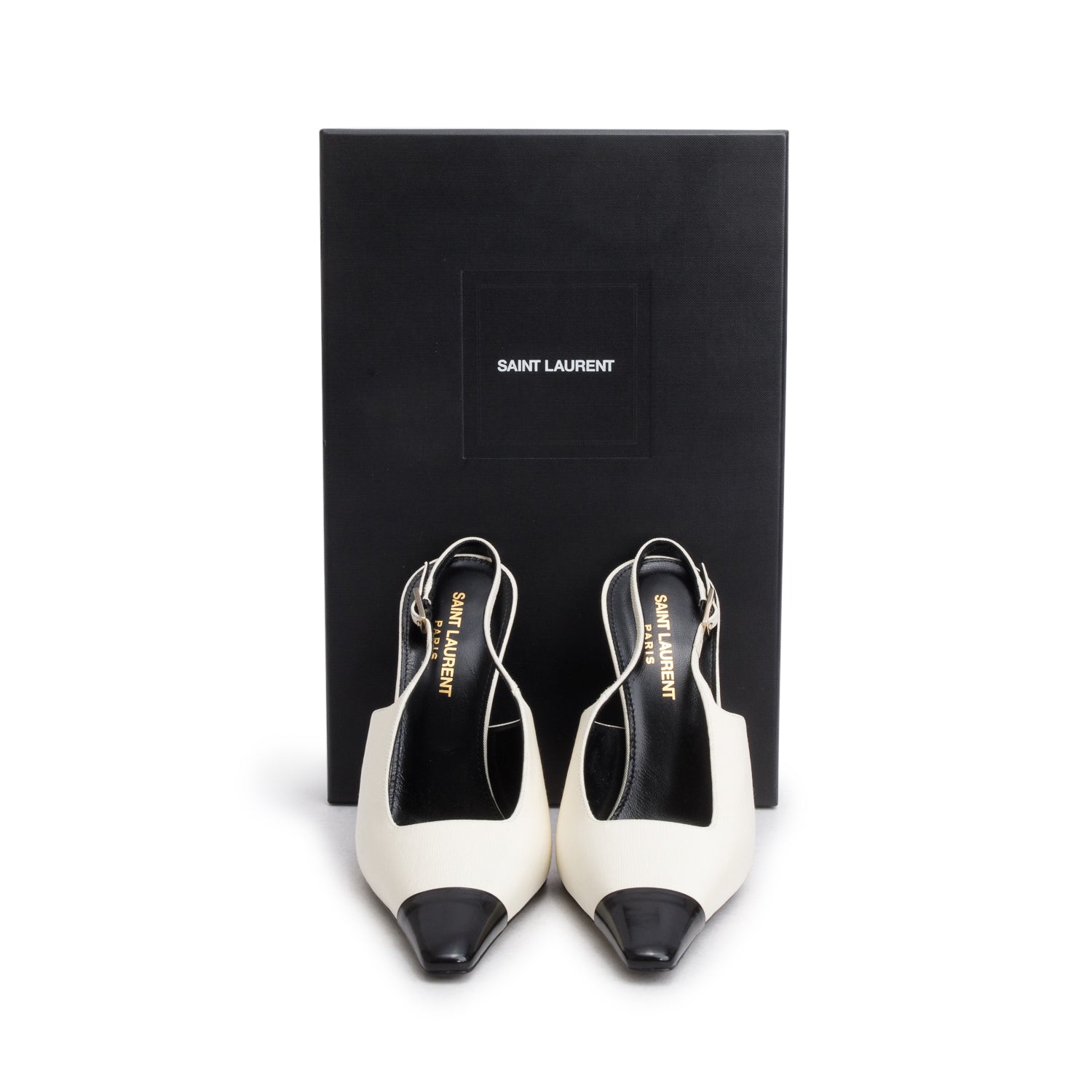 Saint Laurent White Satin Black Patent Leather Ines 115 Pumps, Size 36.5 w/ Box