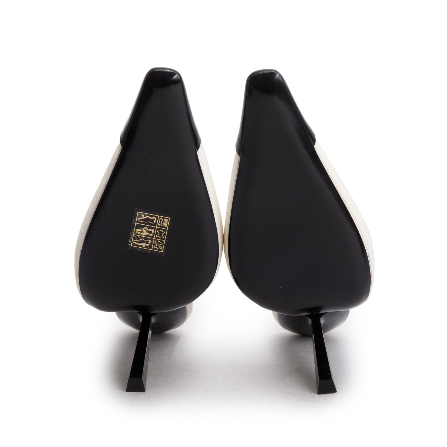 Saint Laurent White Satin Black Patent Leather Ines 115 Pumps, Size 36.5 w/ Box