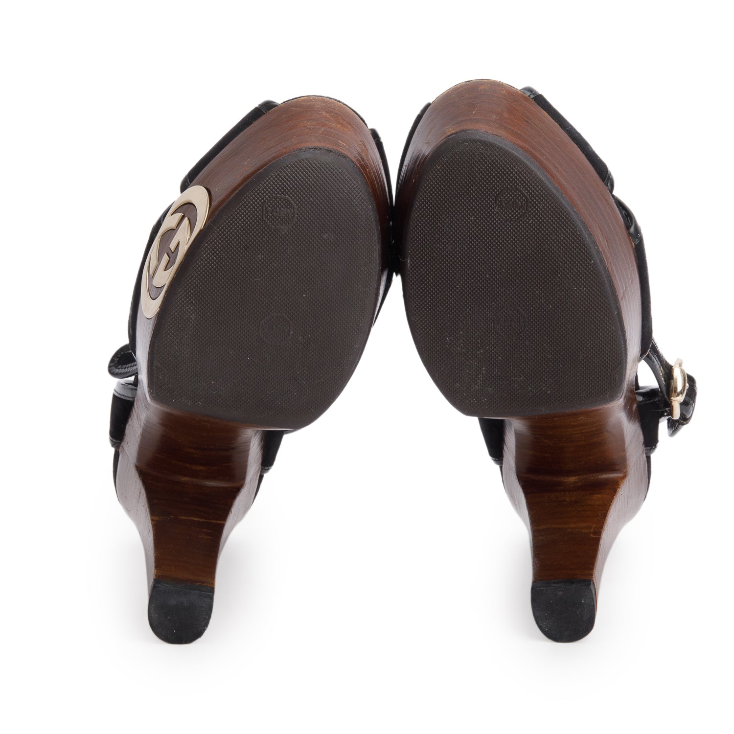 Gucci Black Patent Leather Suede Wooden Platform Sandals, Size 5.5