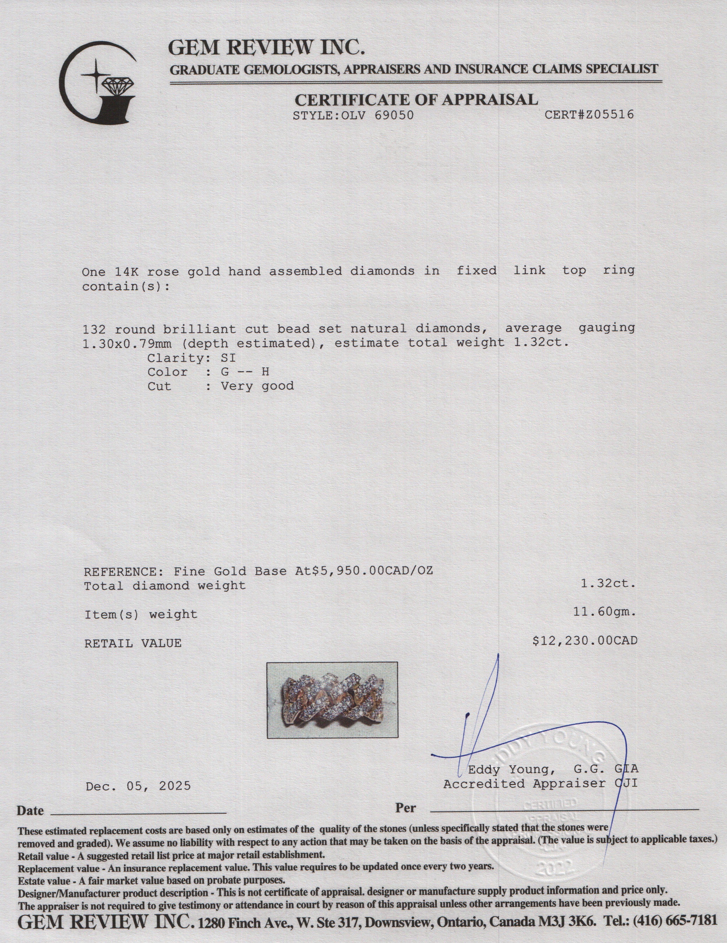 14k Rose Gold Diamond Fixed Link Band Ring, Size 9.25