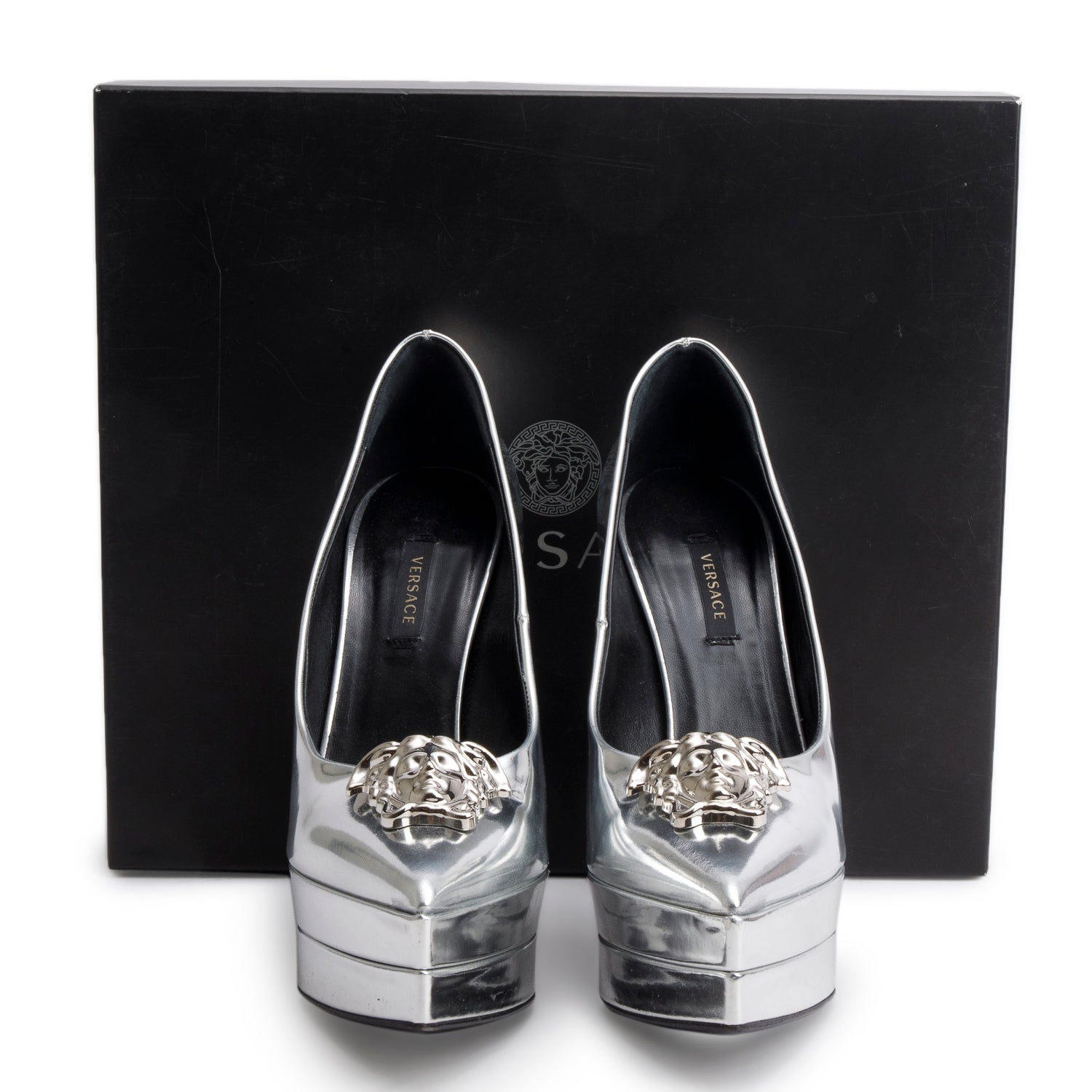 Versace Silver Patent Leather Medusa Insignia Double Platform Pumps, Size 37.5 w/ Box