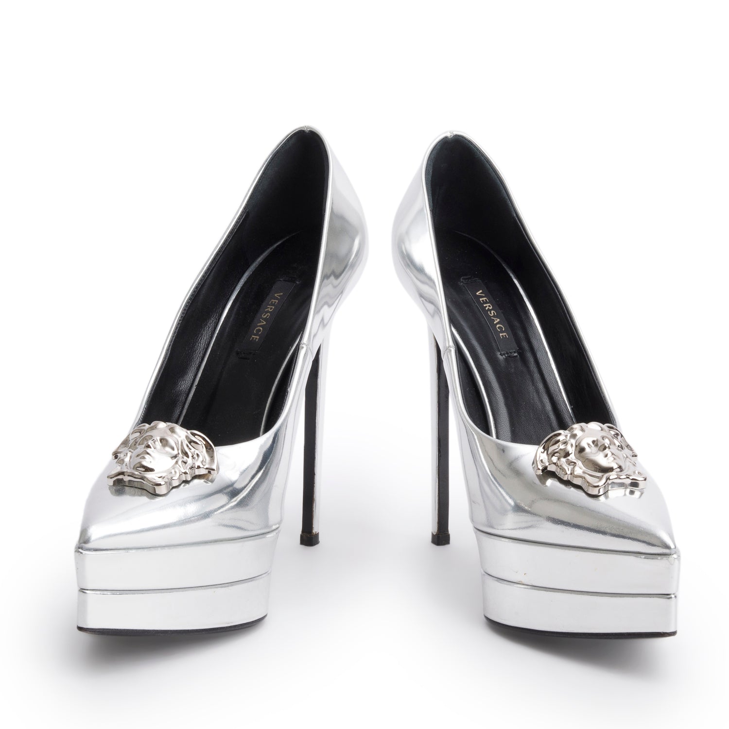 Versace Silver Patent Leather Medusa Insignia Double Platform Pumps, Size 37.5 w/ Box
