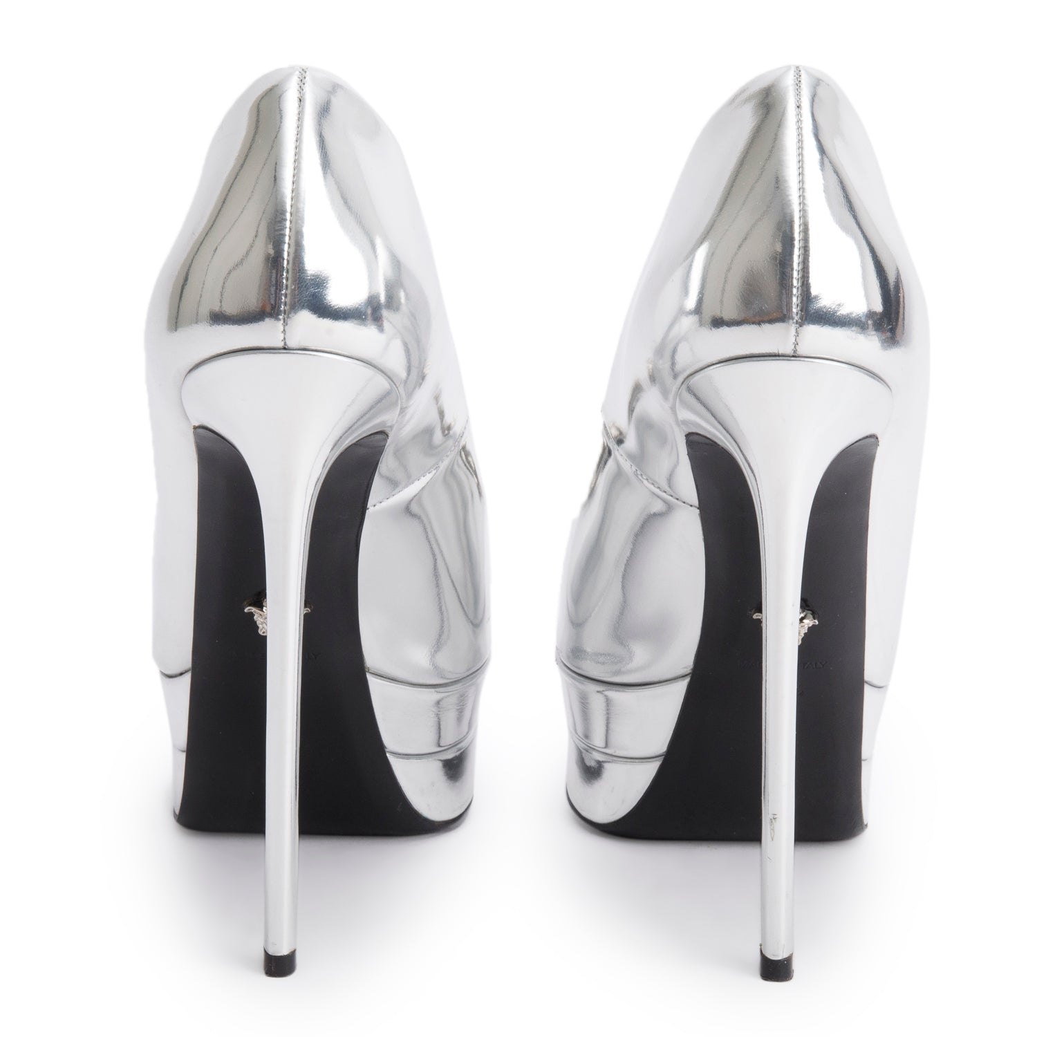 Versace Silver Patent Leather Medusa Insignia Double Platform Pumps, Size 37.5 w/ Box