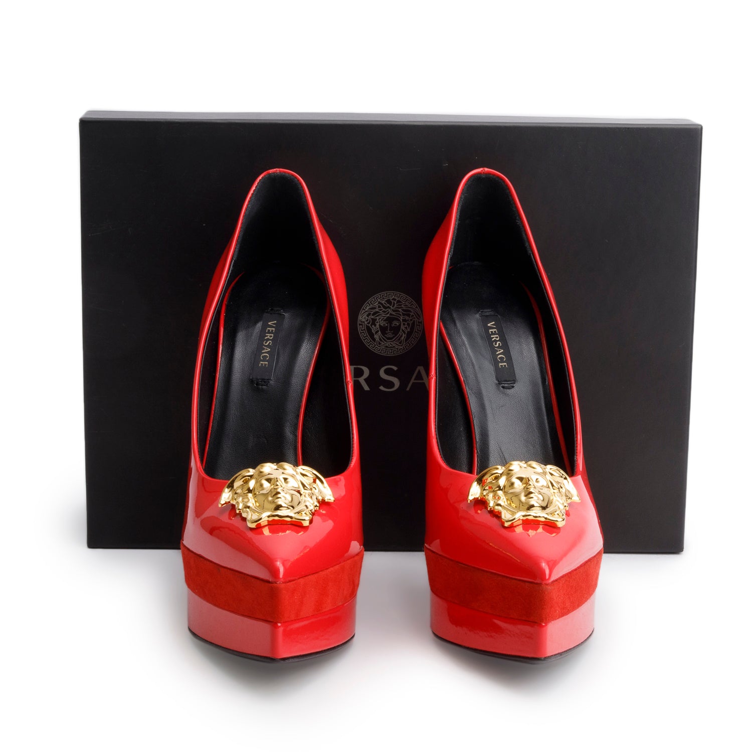Versace Red Patent Leather Suede Medusa Insignia Double Platform Pumps, Size 38.5 w/ Box