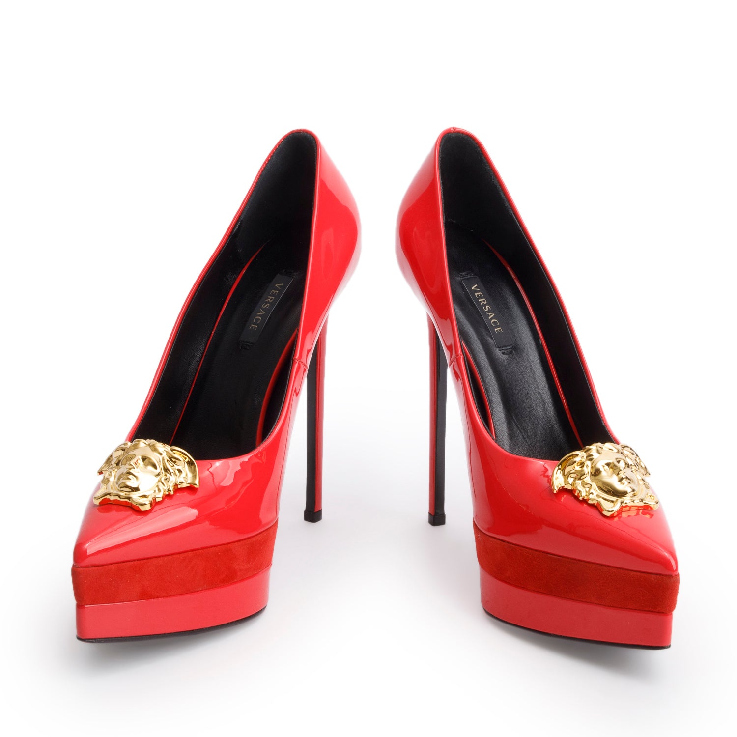 Versace Red Patent Leather Suede Medusa Insignia Double Platform Pumps, Size 38.5 w/ Box