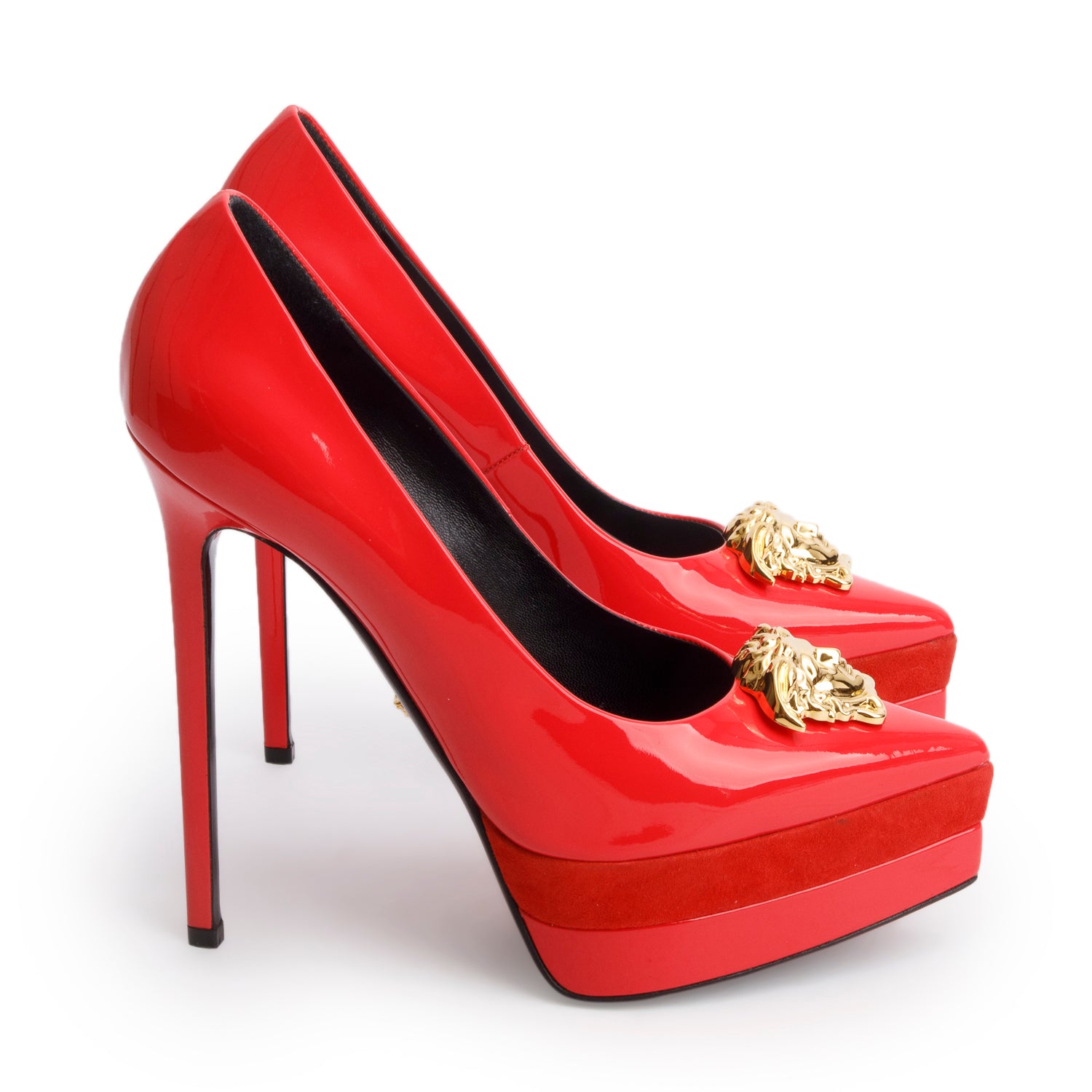 Versace Red Patent Leather Suede Medusa Insignia Double Platform Pumps, Size 38.5 w/ Box