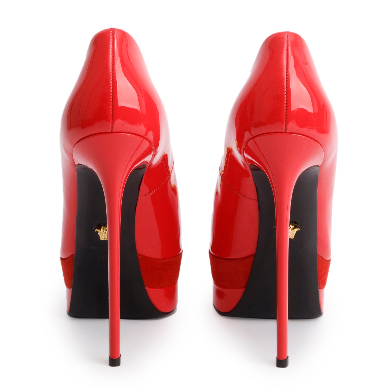Versace Red Patent Leather Suede Medusa Insignia Double Platform Pumps, Size 38.5 w/ Box