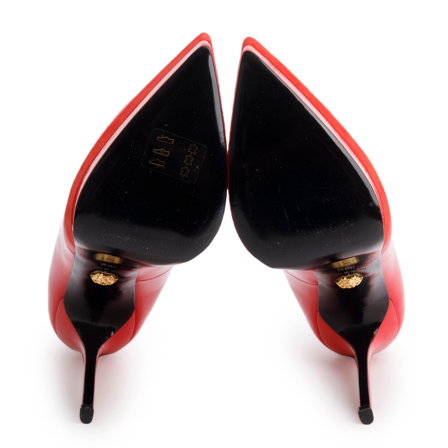 Versace Red Patent Leather Suede Medusa Insignia Double Platform Pumps, Size 38.5 w/ Box