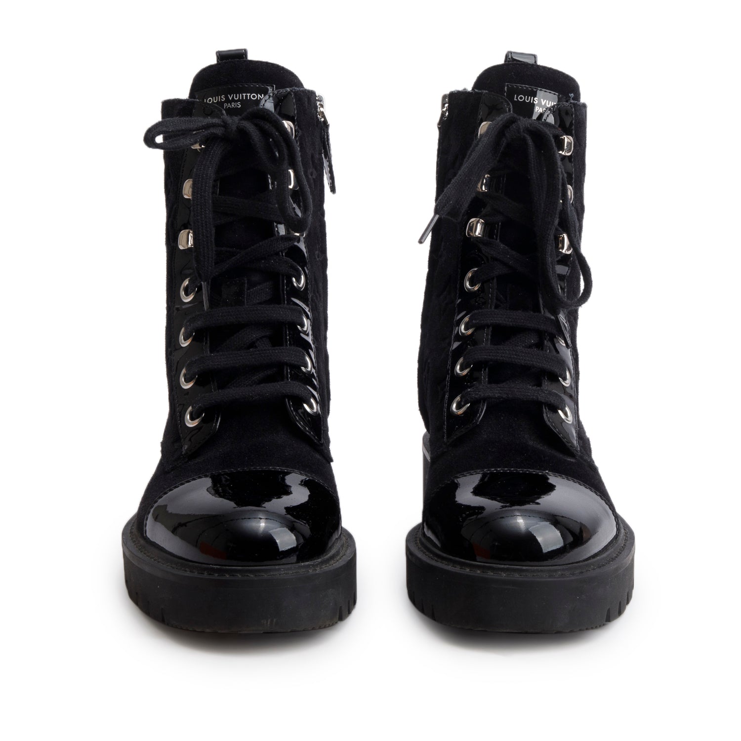 Louis Vuitton Black Suede Patent Leather Monogram Citizen Flat Ranger Boots, Siz3e 37.5 w/ Box