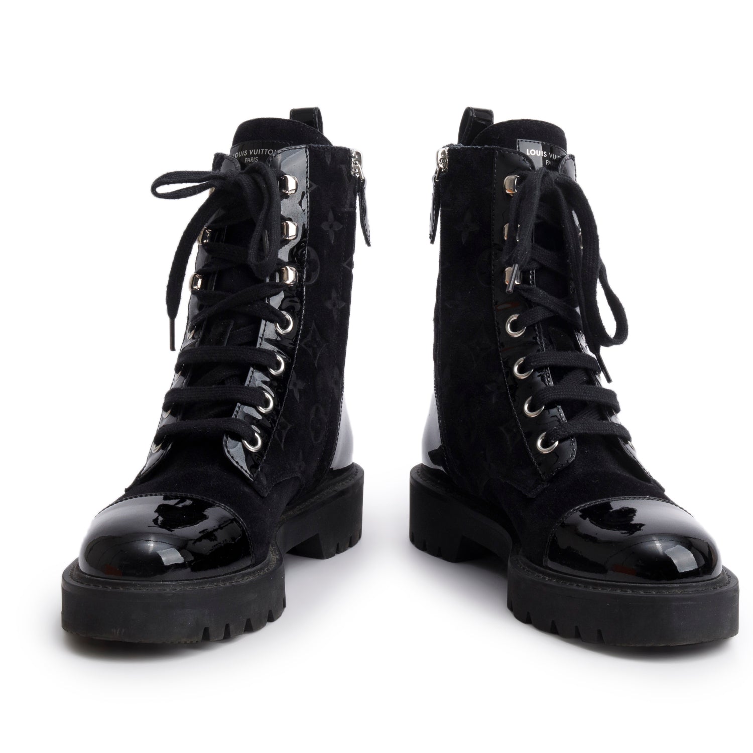 Louis Vuitton Black Suede Patent Leather Monogram Citizen Flat Ranger Boots, Siz3e 37.5 w/ Box