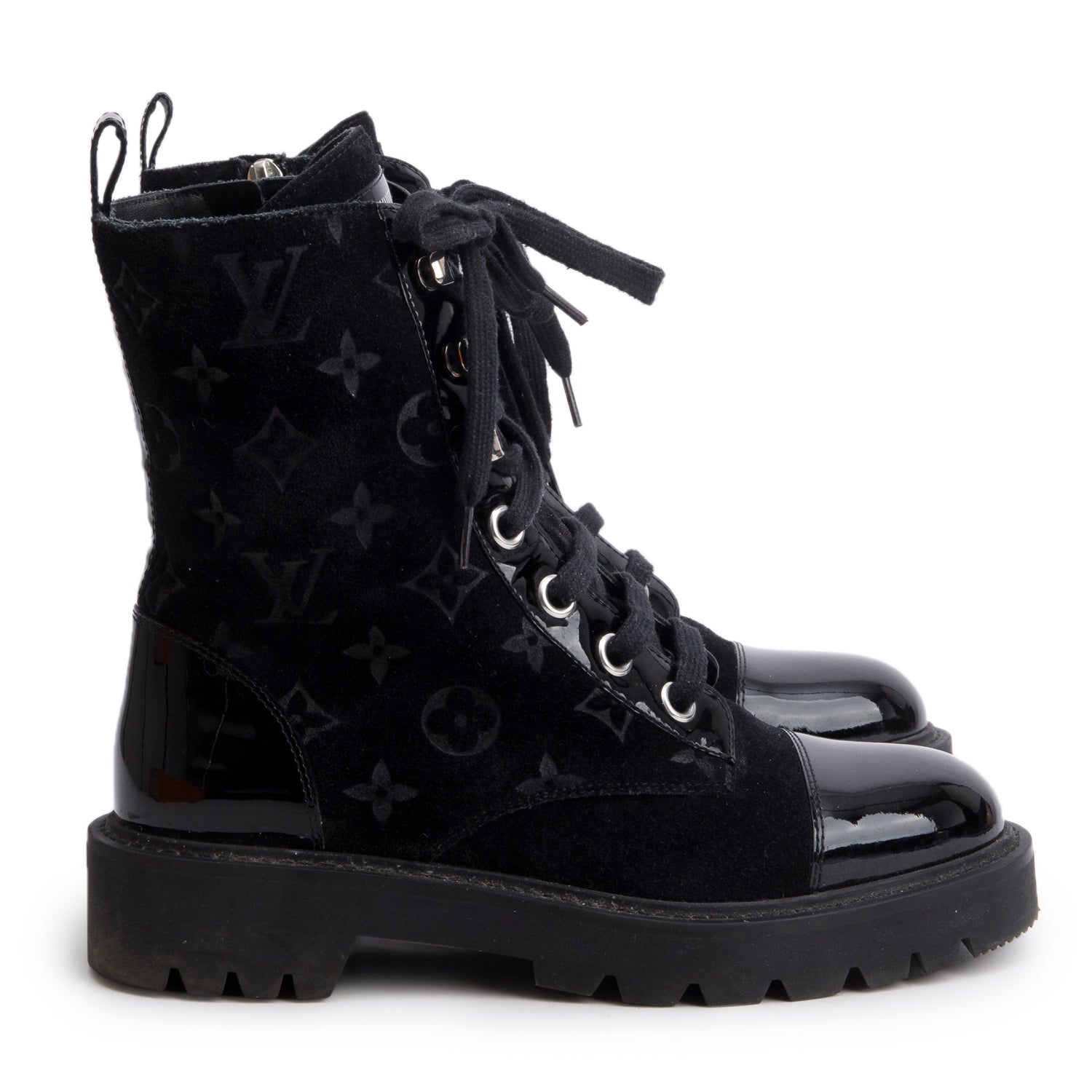 Louis Vuitton Black Suede Patent Leather Monogram Citizen Flat Ranger Boots, Siz3e 37.5 w/ Box