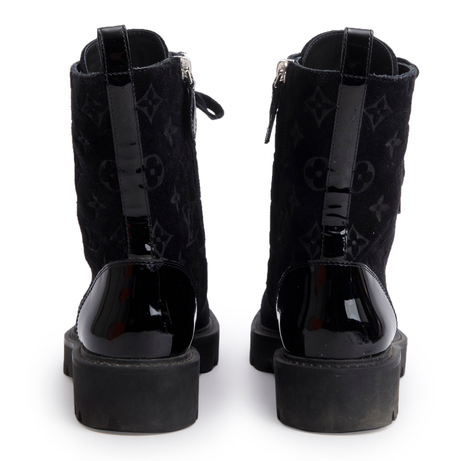 Louis Vuitton Black Suede Patent Leather Monogram Citizen Flat Ranger Boots, Siz3e 37.5 w/ Box