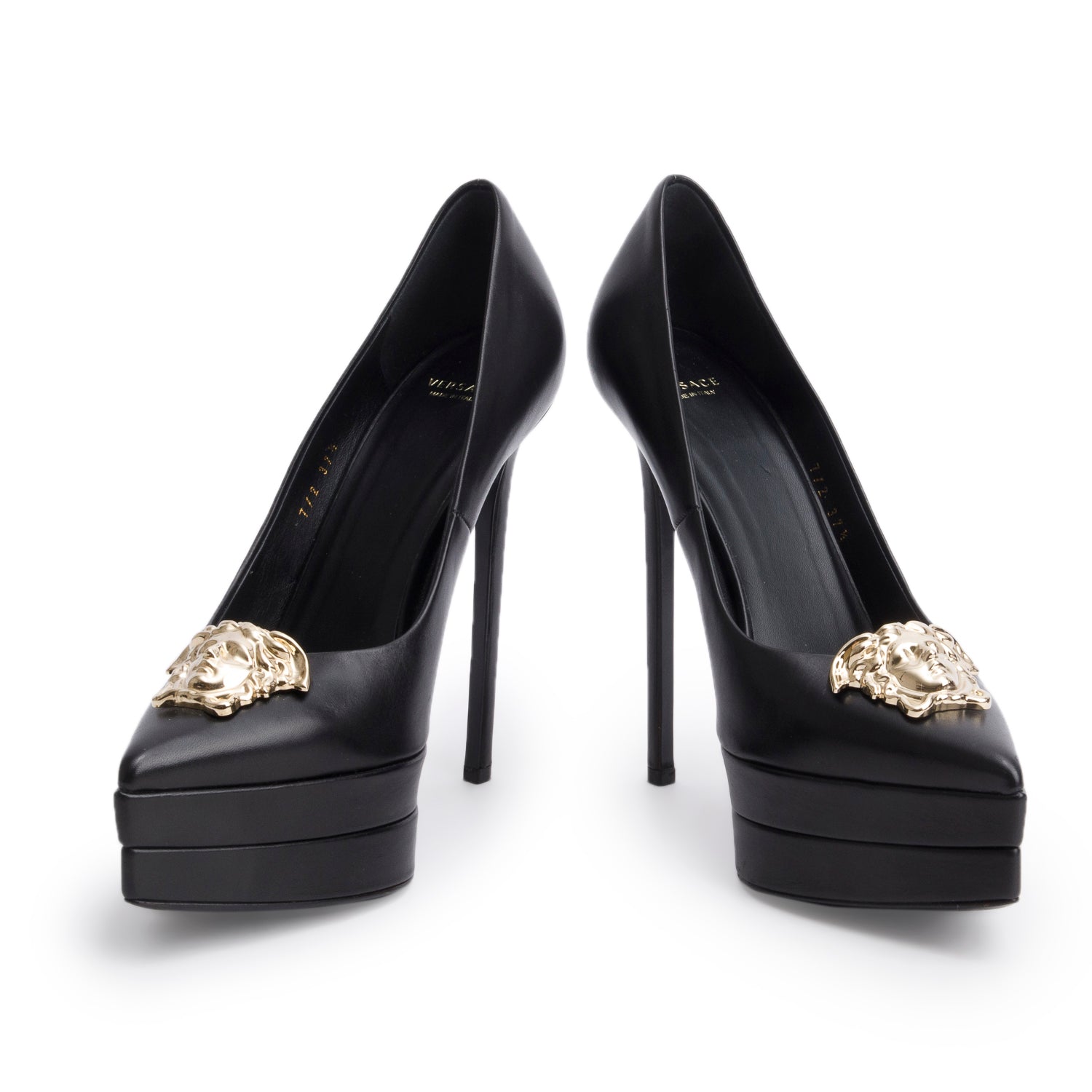 Versace Black Leather Medusa Insignia Double Platform Pumps, Size 37.5 w/ Box