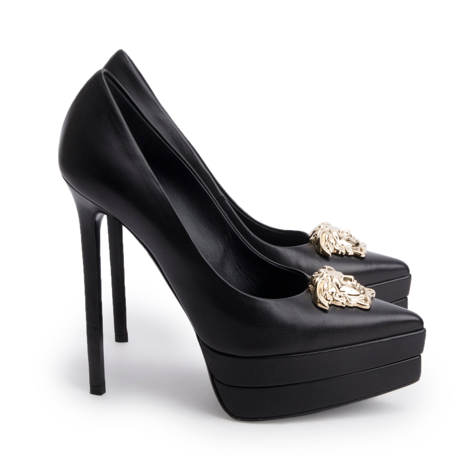 Versace Black Leather Medusa Insignia Double Platform Pumps, Size 37.5 w/ Box