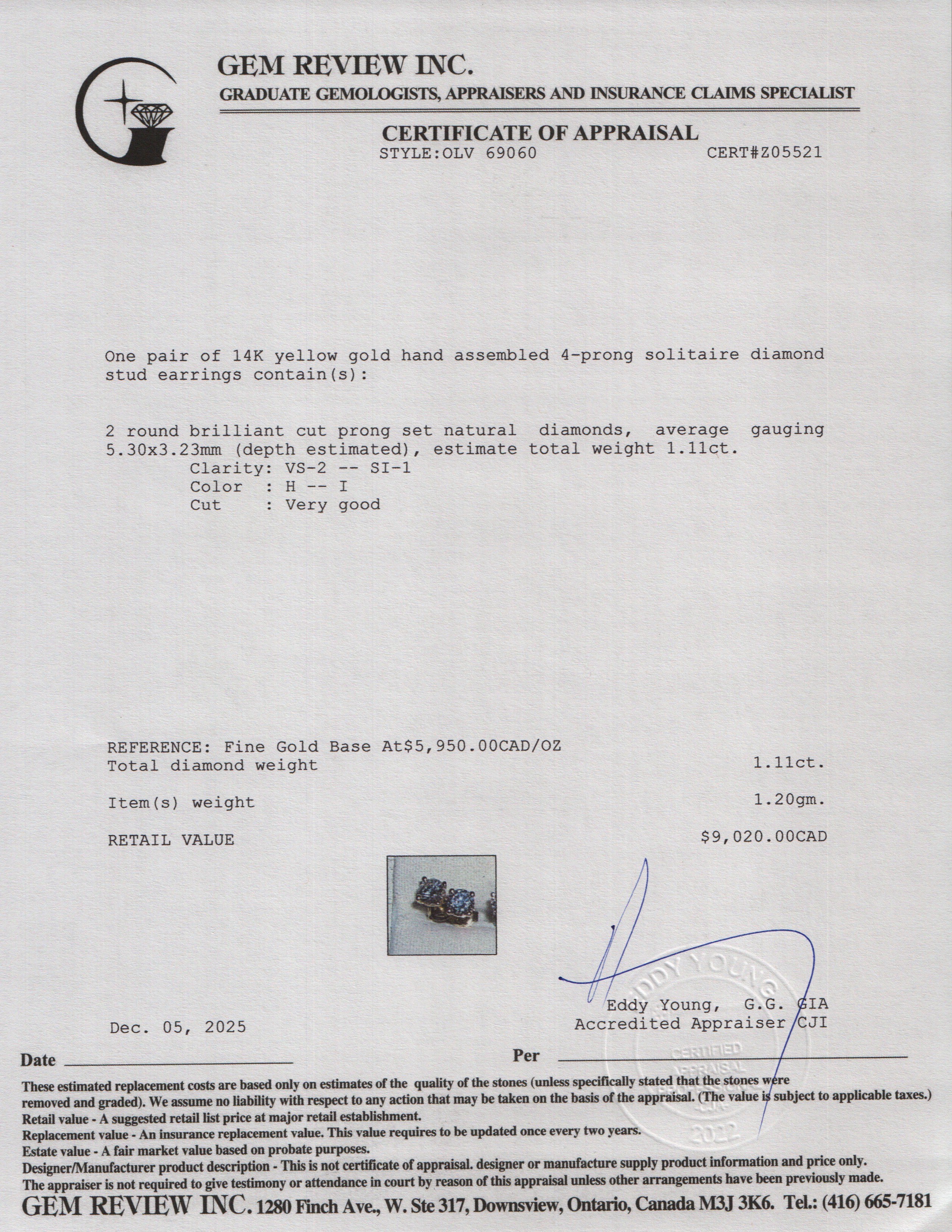 14k Yellow Gold 1.11 tcw. Diamond Stud Earrings