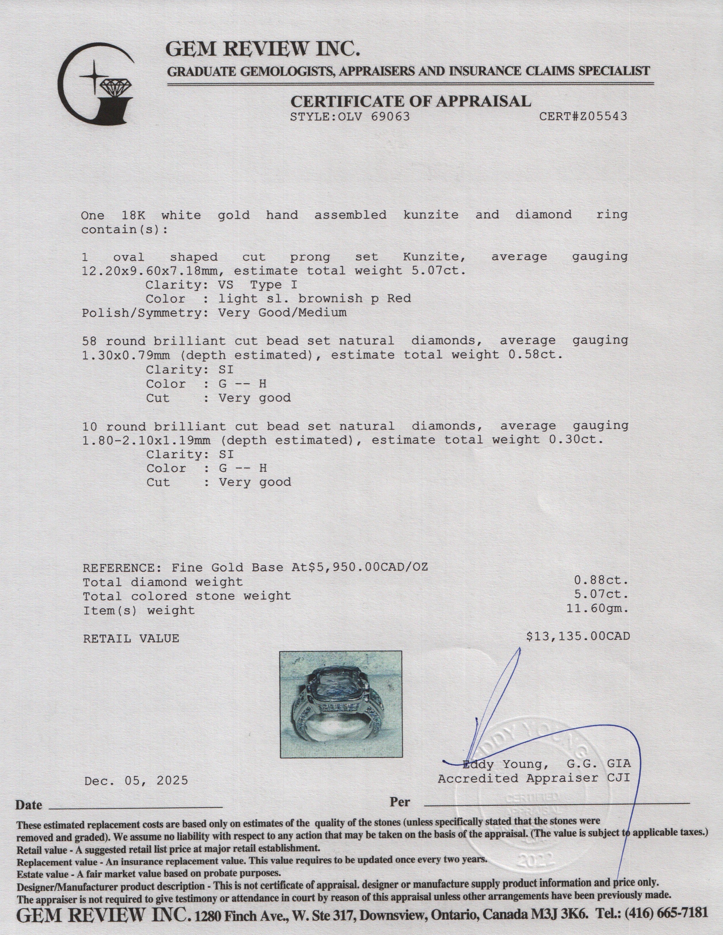 18k White Gold Kunzite and Diamond Cocktail Ring, Size 6.25