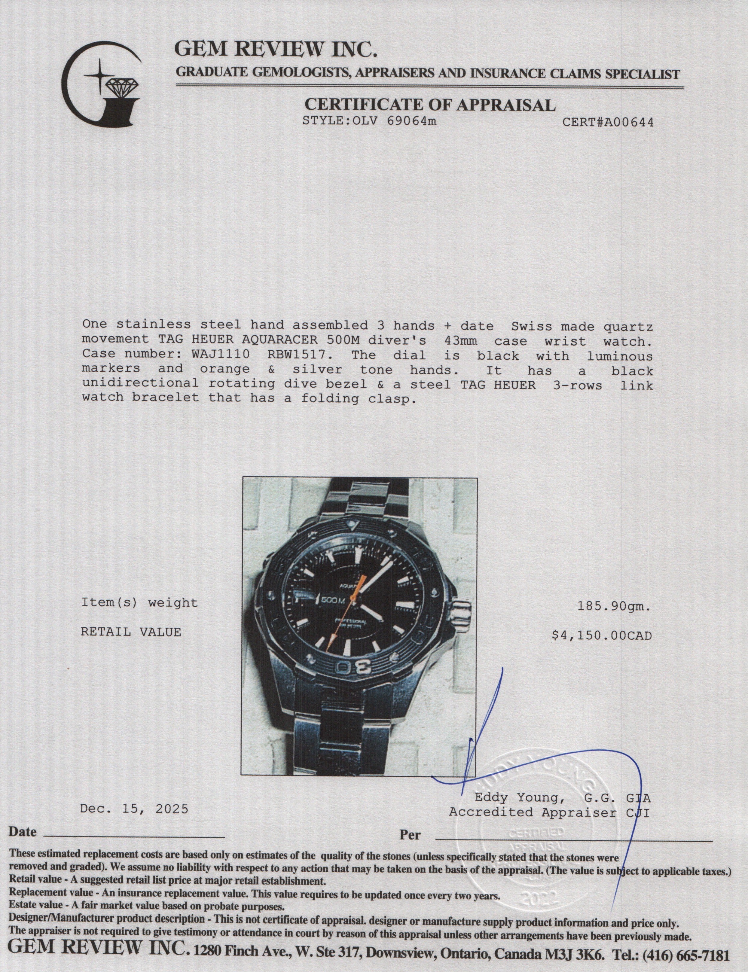 Tag Heuer Stainless Steel Aquaracer 43 mm Quartz Watch Black Dial WAJ1110 w/ Box & Papers