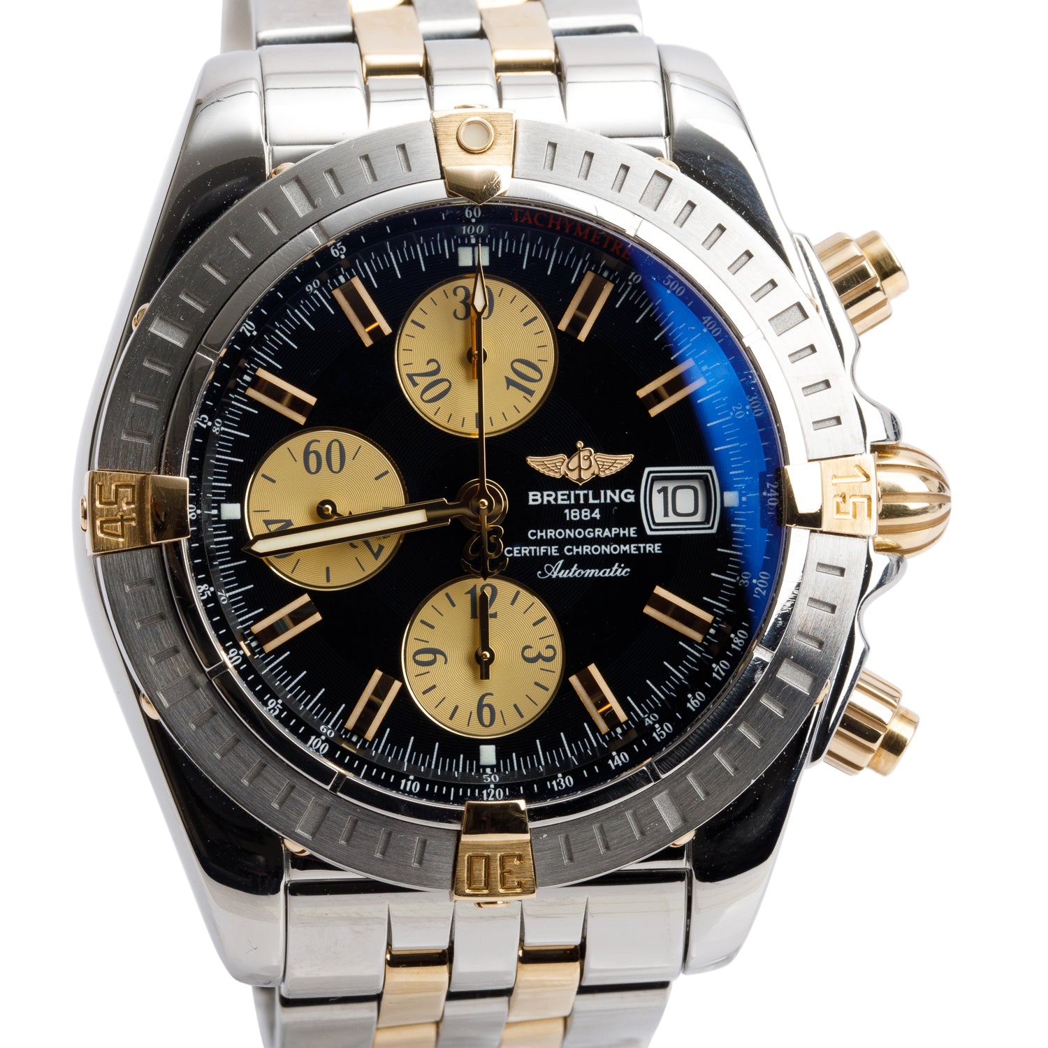 Breitling Stainless Steel & 18k Yellow Gold Chronomat Evolution 44 MM Automatic Chronograph Watch Blue Dial B13356 w/ Box & Papers