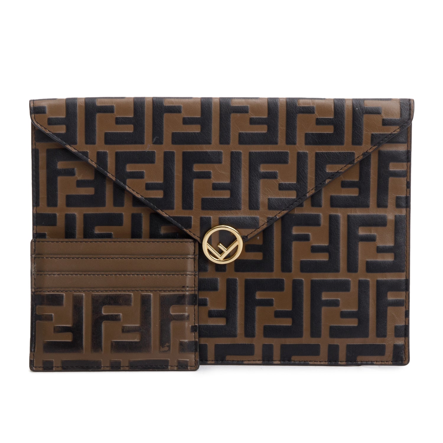 Fendi Brown Vitello Ceylon FF 1974 Embossed FF Diamonds Flat Envelope Pouch w/ Card Holder