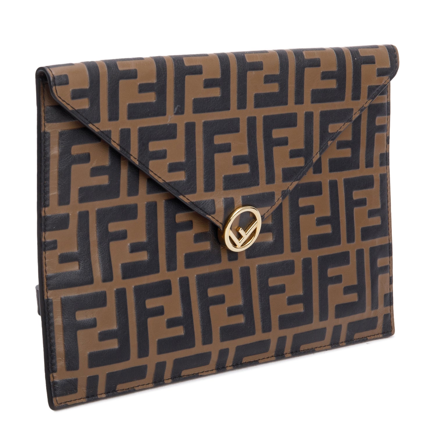 Fendi Brown Vitello Ceylon FF 1974 Embossed FF Diamonds Flat Envelope Pouch w/ Card Holder