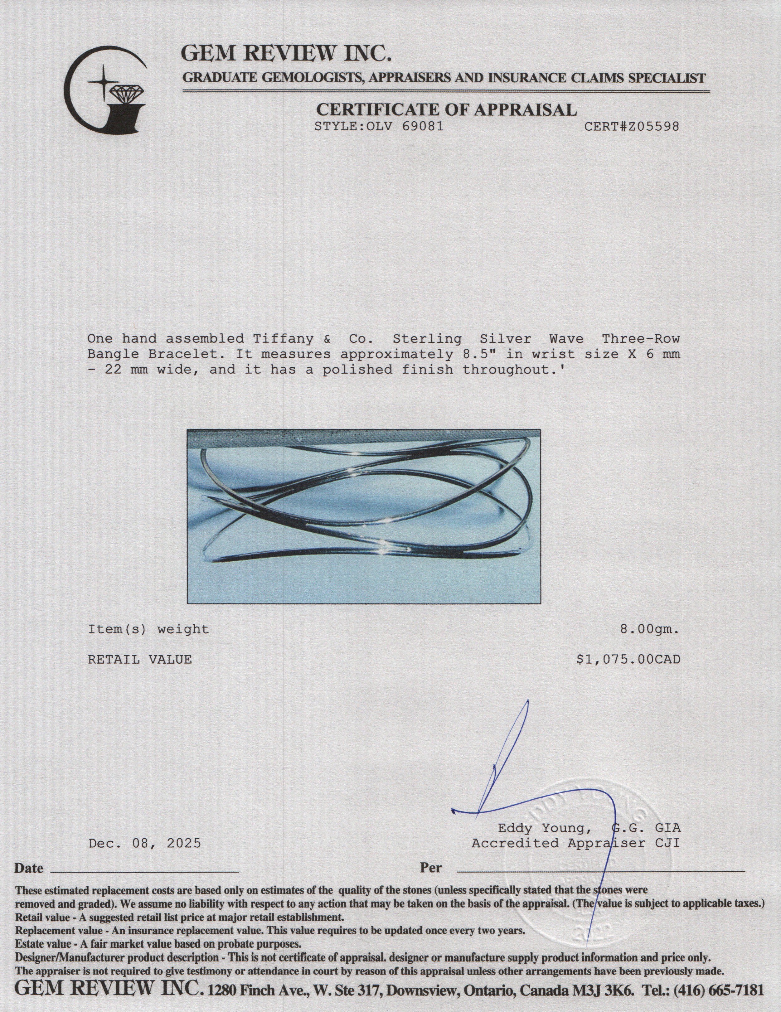 Tiffany & Co. Sterling Silver Wave Three-Row Bangle Bracelet