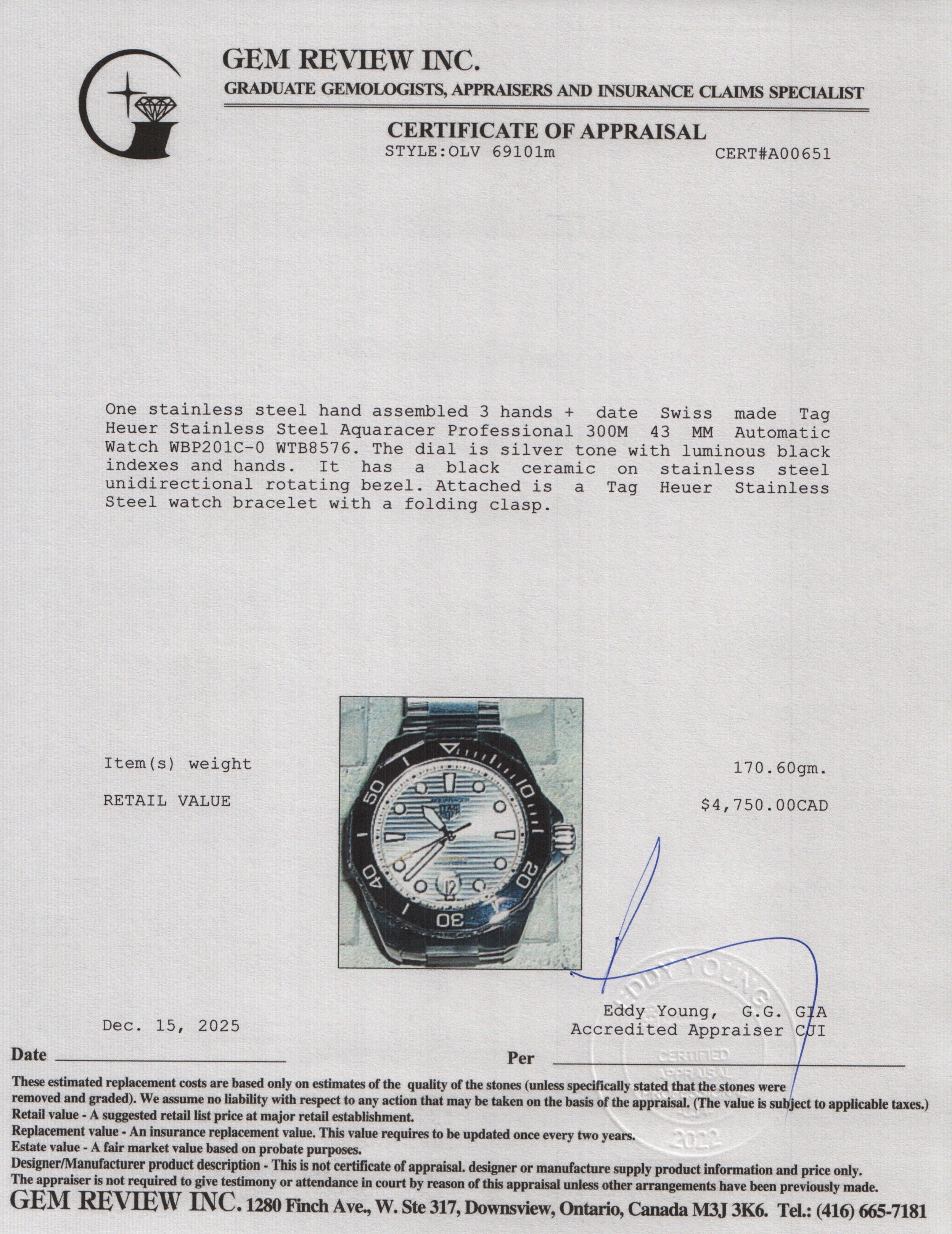 Tag Heuer Stainless Steel Aquaracer Professional 300M 43 MM Automatic Watch Silver Dial WBP201C-0 w/ Box & Papers