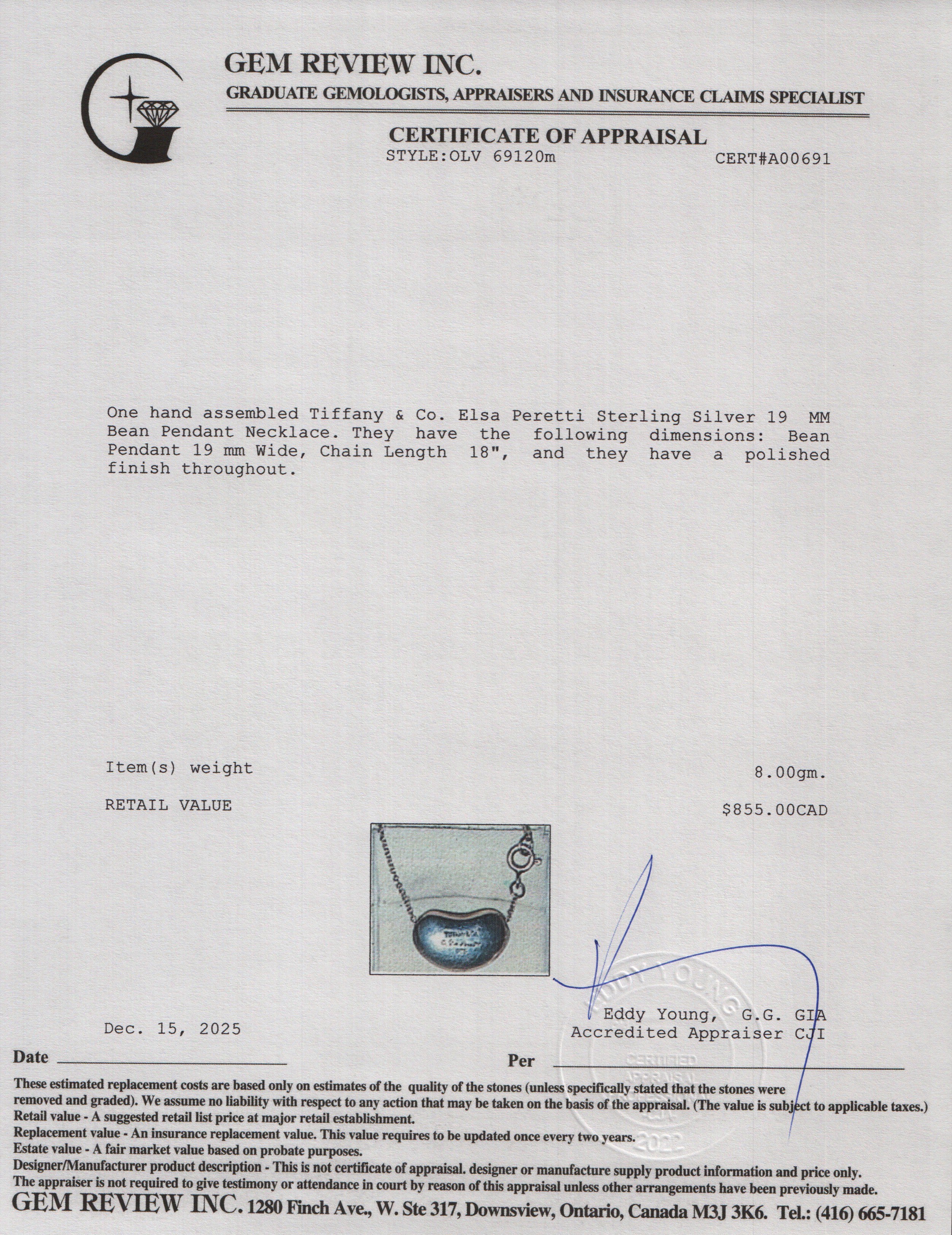 Tiffany & Co. Elsa Peretti Sterling Silver 19 MM Bean Pendant Necklace