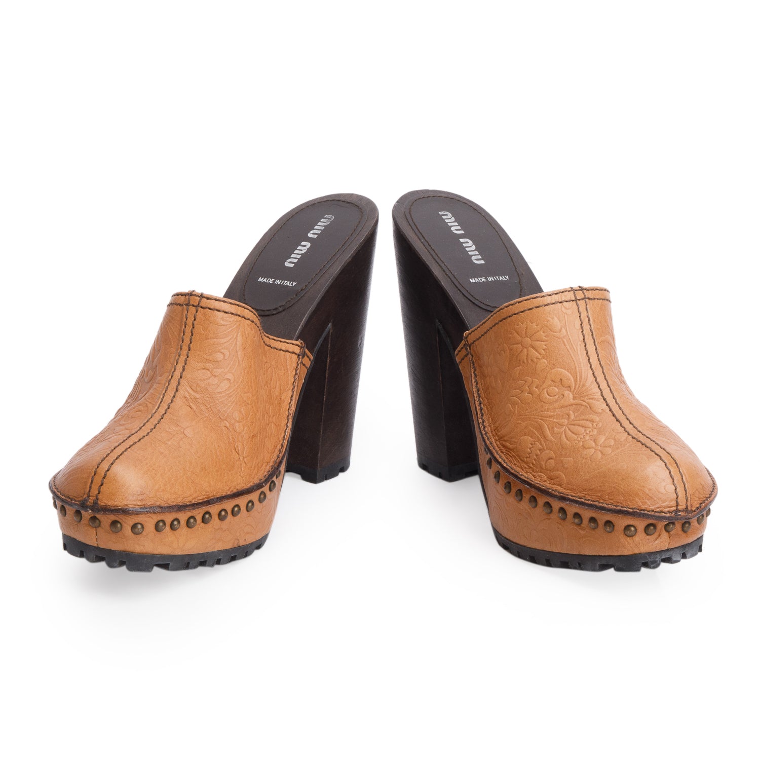 Miu Miu Brown Floral Embossed Leather Wooden Platform Clogs, Size 39
