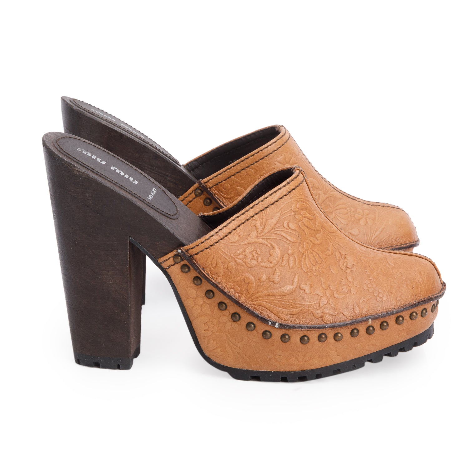 Miu Miu Brown Floral Embossed Leather Wooden Platform Clogs, Size 39