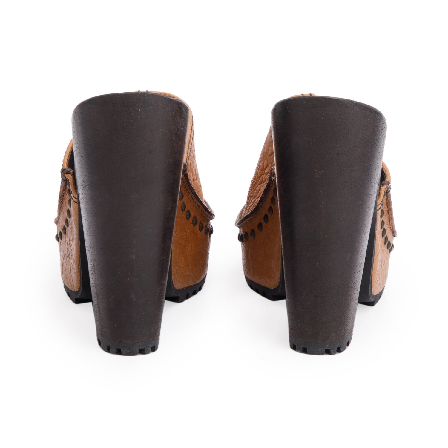 Miu Miu Brown Floral Embossed Leather Wooden Platform Clogs, Size 39