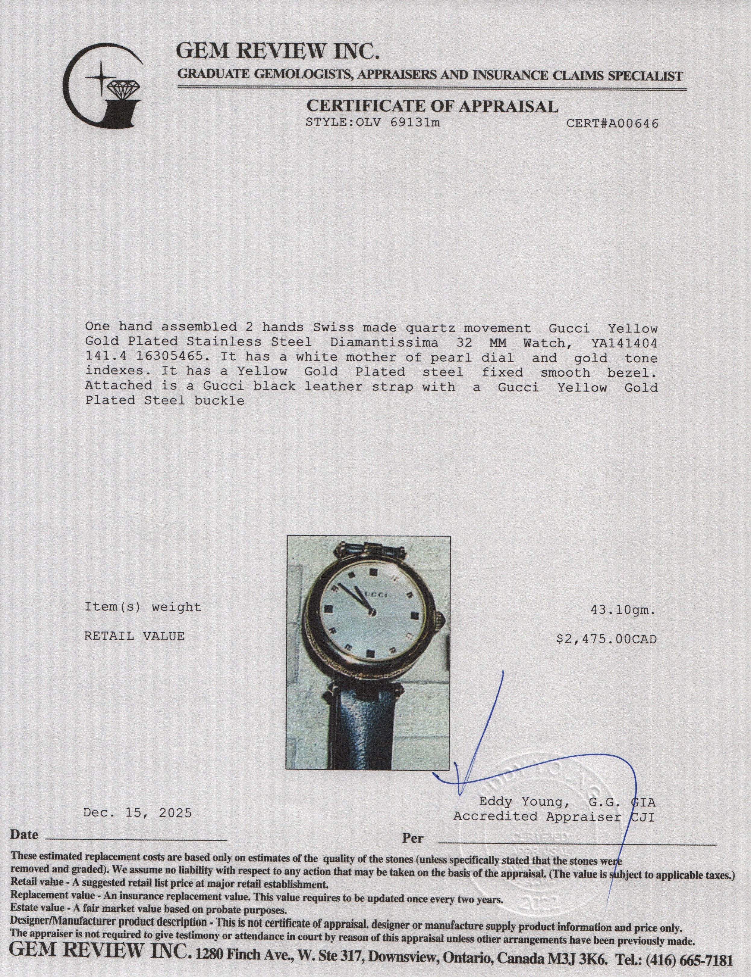 Gucci Yellow Gold Plated Stainless Steel Diamantissima 32 MM Watch Mother of Pearl Dial w/ Box & Papers