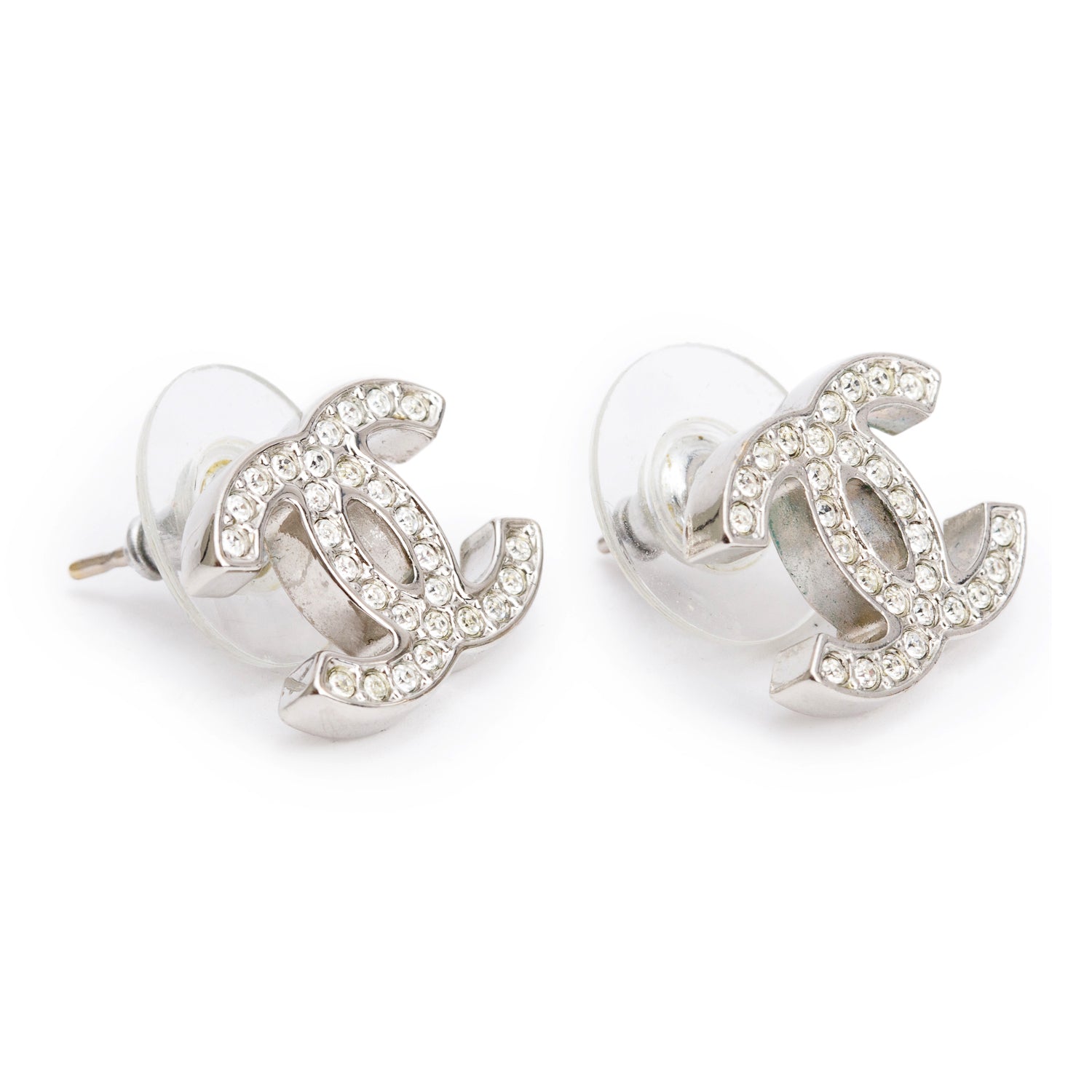 Chanel Palladium Plated Strass CC Stud Earrings