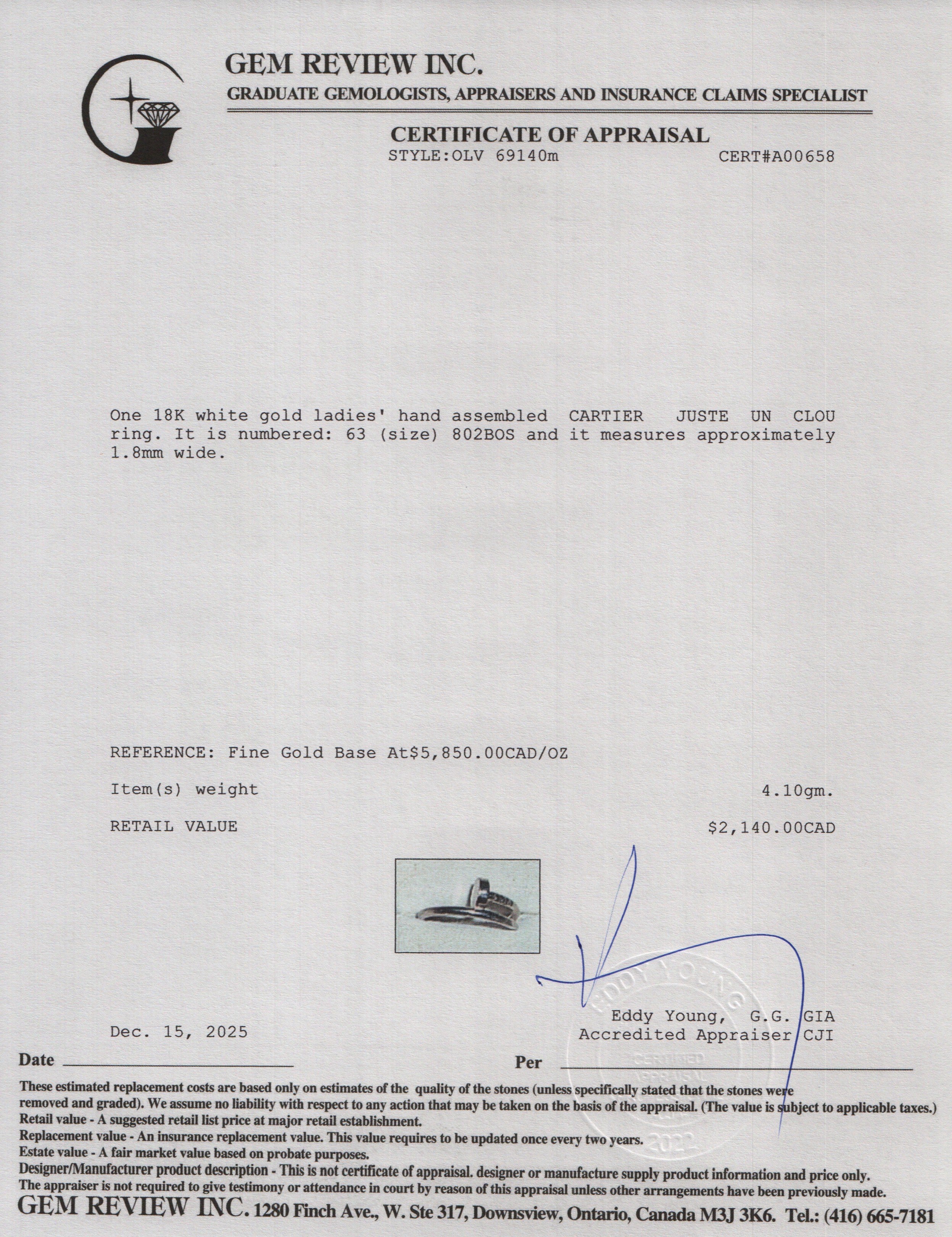 Cartier 2025 18k White Gold Juste Un Clou Ring, Small Model, Size 63 10.25 w/ Certificate & Receipt