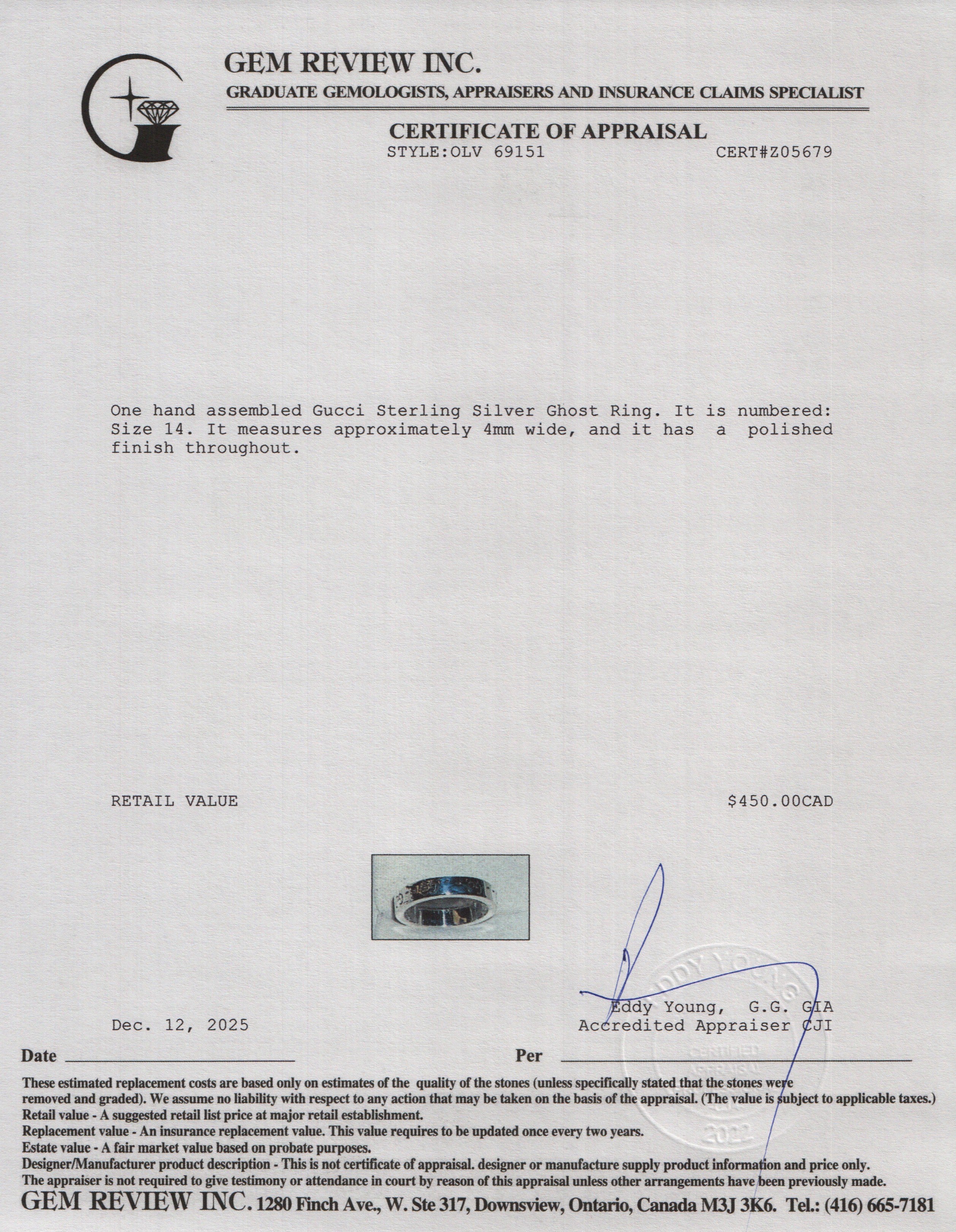 Gucci Sterling Silver Ghost Ring, Size 14 6.75