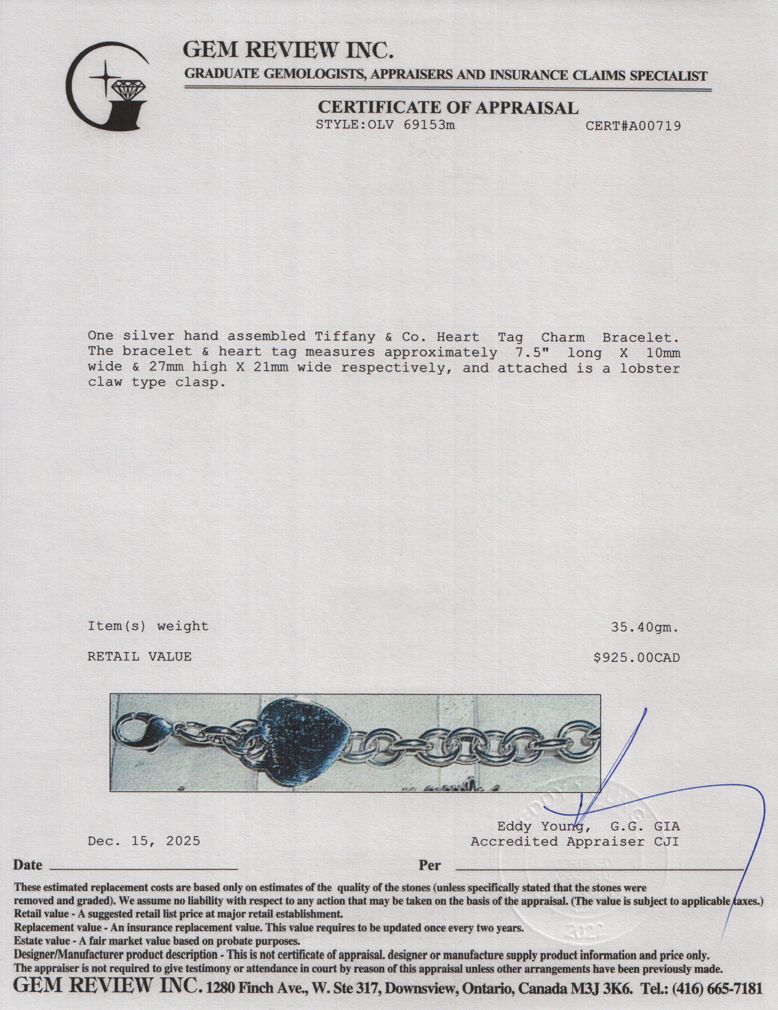 Tiffany & Co. Sterling Silver Heart Tag Charm Bracelet