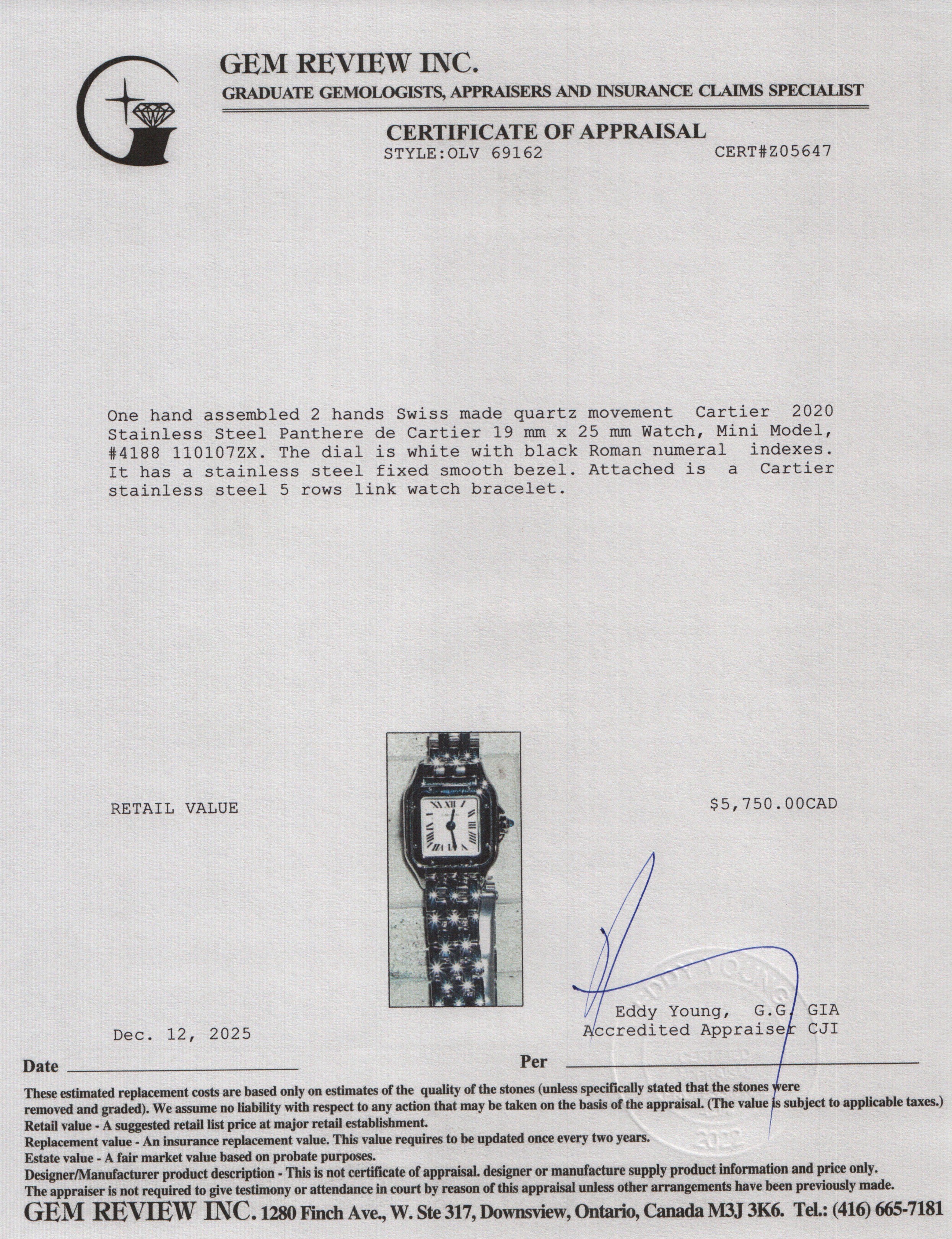 Cartier 2020 Stainless Steel Panthere de Cartier Watch, Mini Model 4188 w/ Box & Papers
