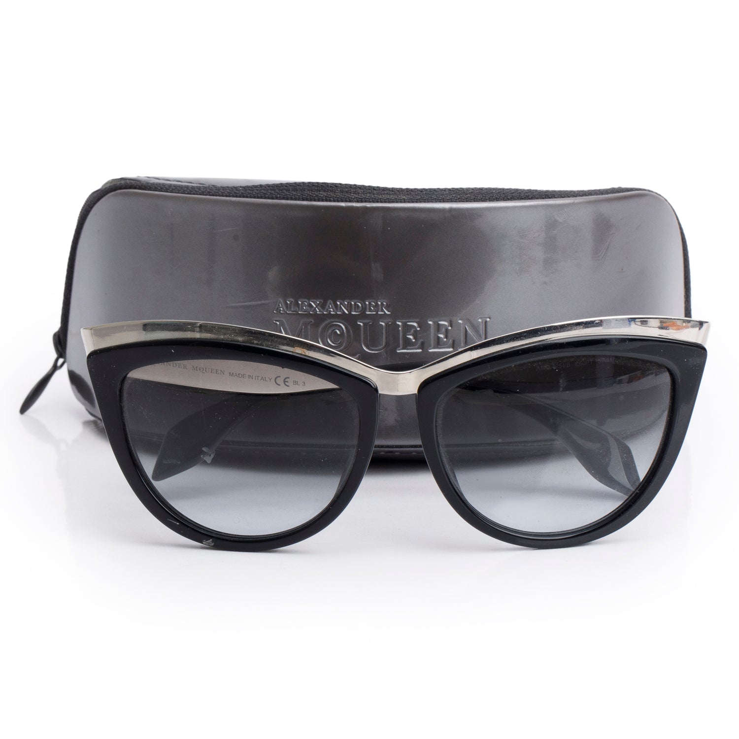 Alexander McQueen AMQ 4251 Black Acetate Silver Metal Cat Eye Sunglasses w/ Case