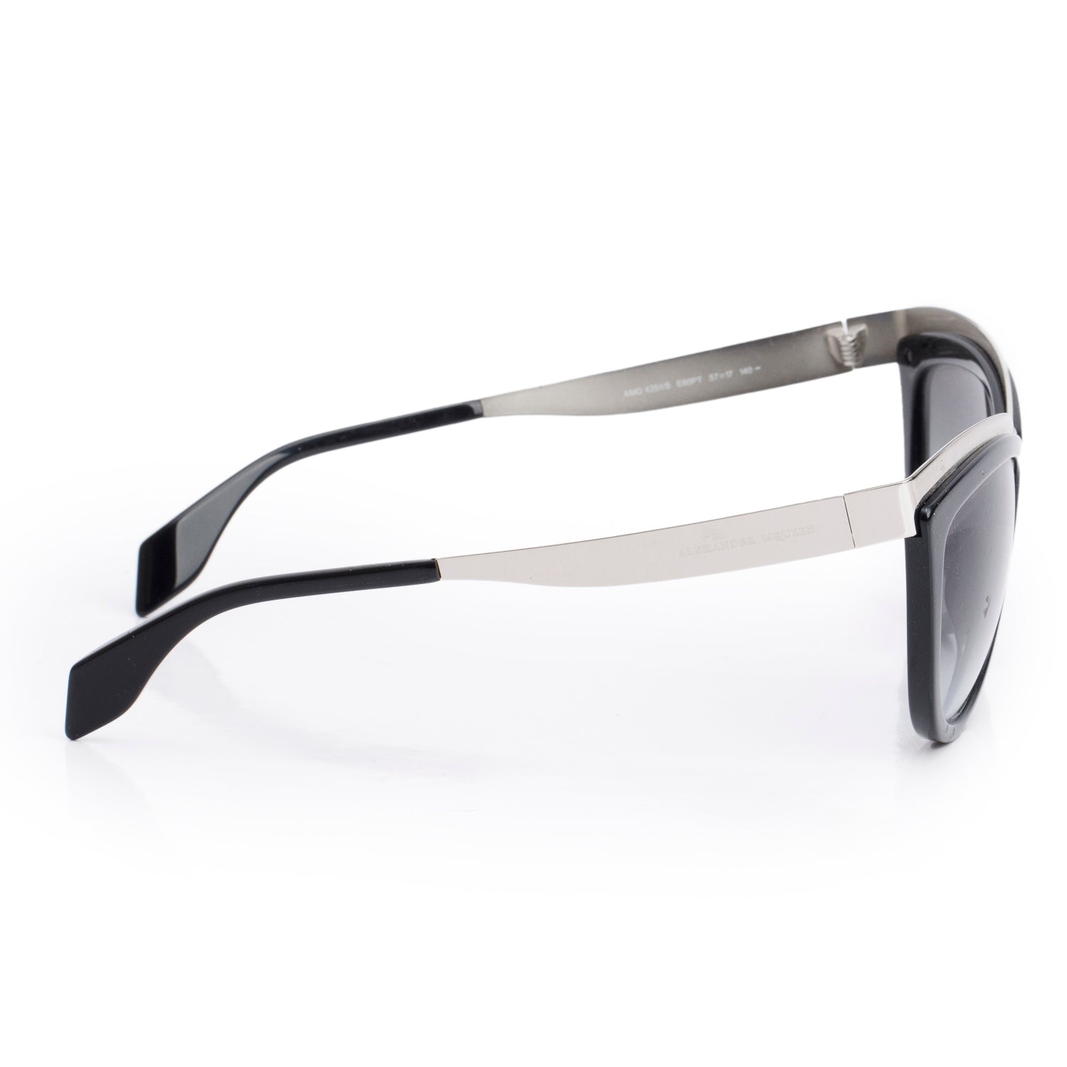 Alexander McQueen AMQ 4251 Black Acetate Silver Metal Cat Eye Sunglasses w/ Case