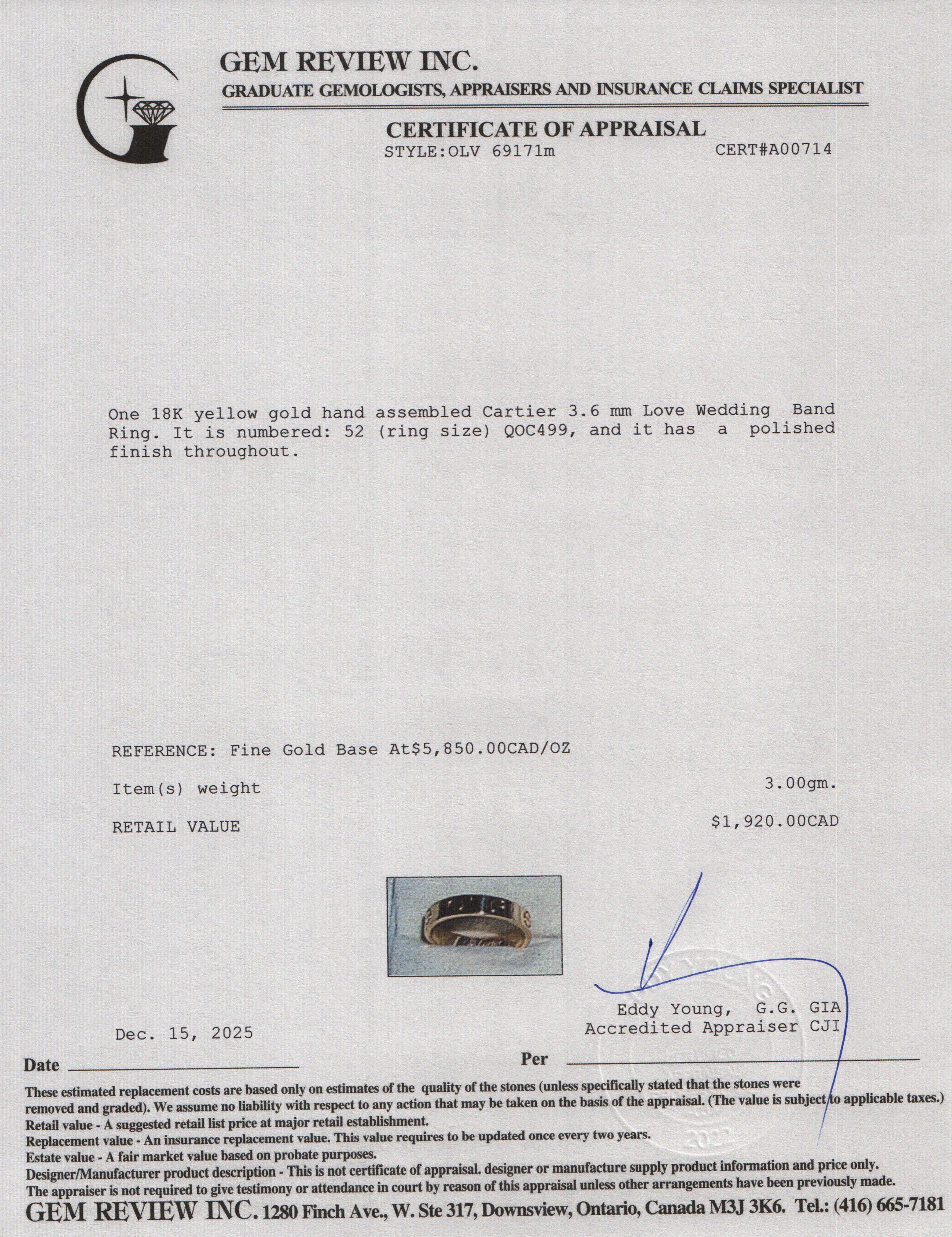 Cartier 2022 18k Yellow Gold 3.6 mm Love Wedding Band Ring, Size 52 6.25 w/ Box & Receipt