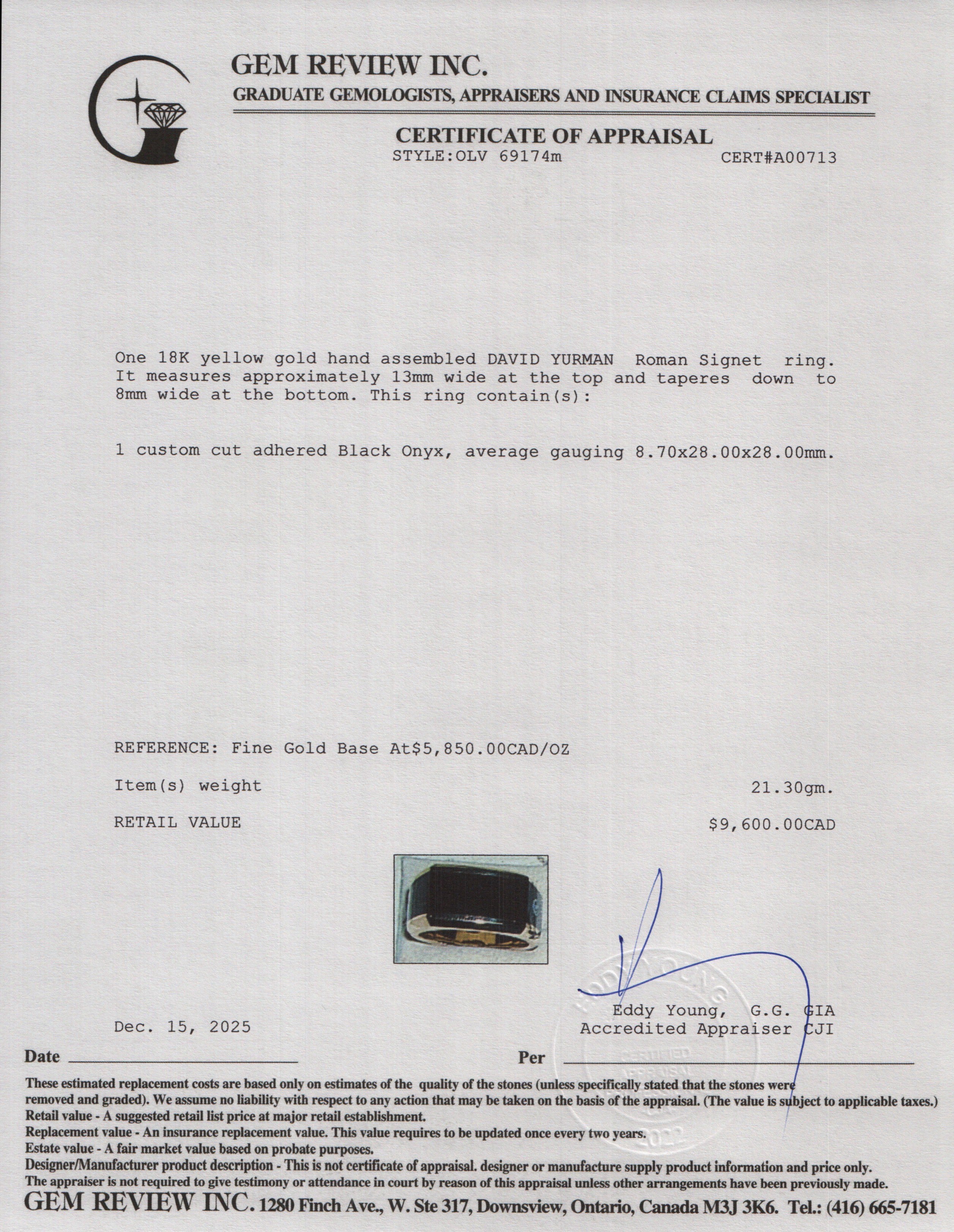 David Yurman 18k Yellow Gold Black Onyx Roman Signet Ring, Size 13