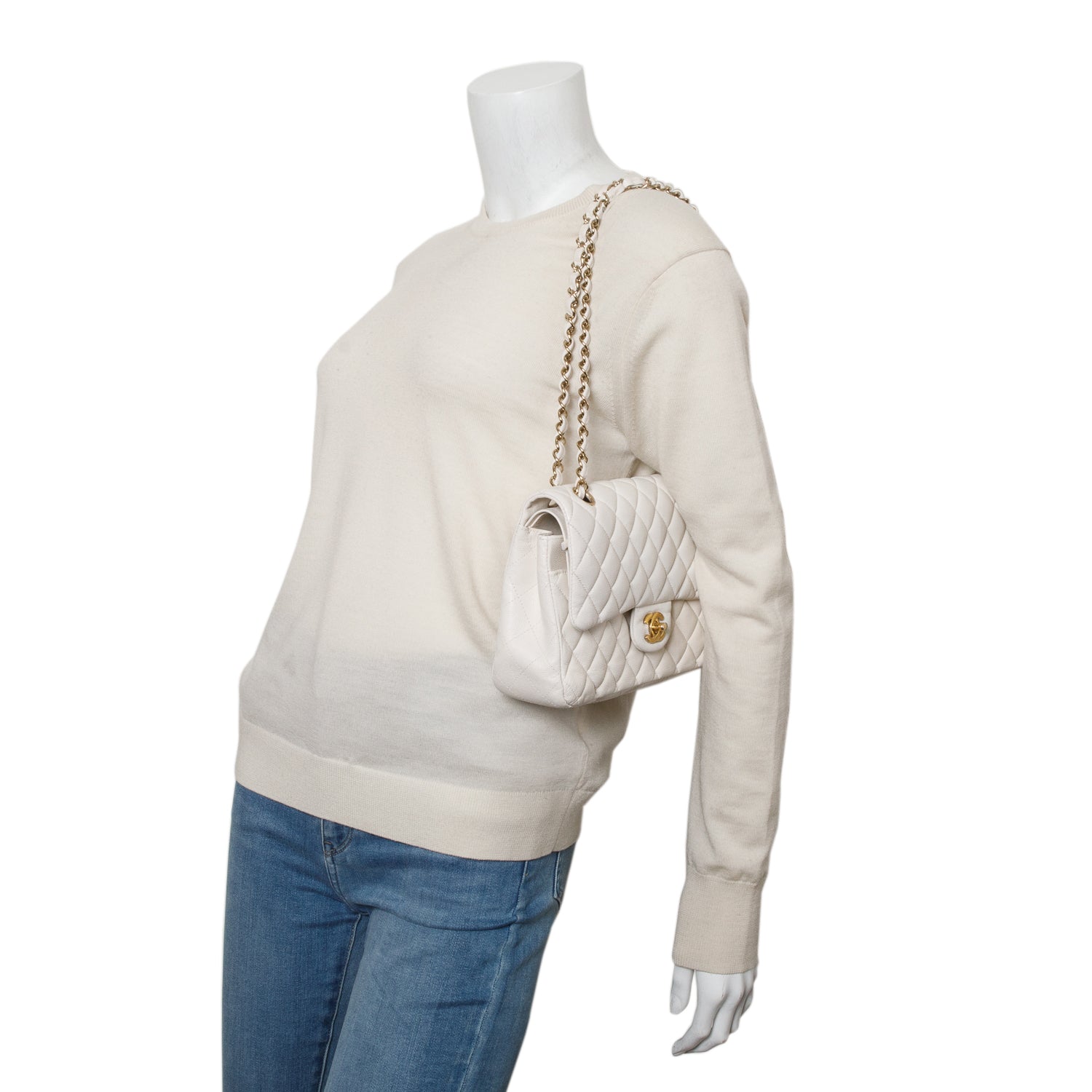 Chanel White Caviar Quilted Medium Double Flap Bag w/ Box