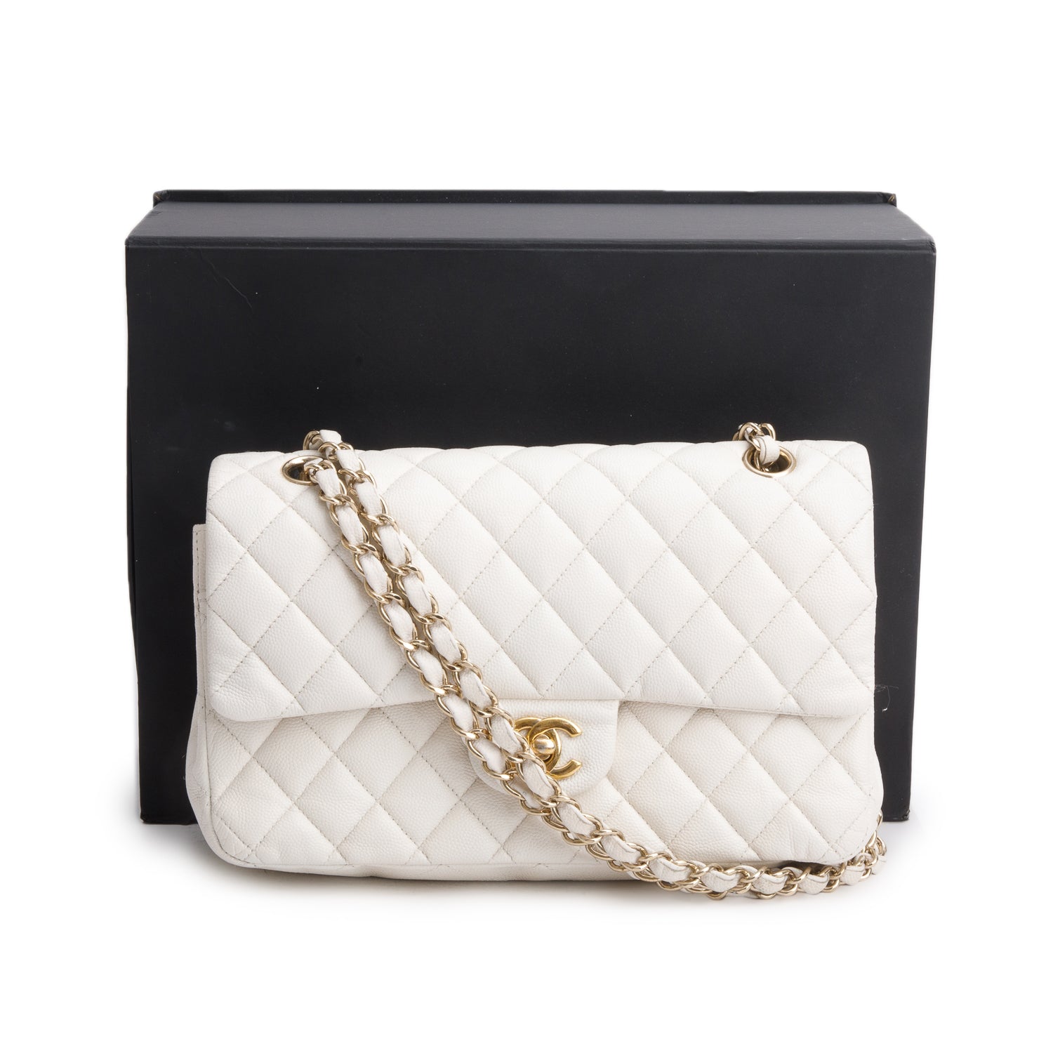 Chanel White Caviar Quilted Medium Double Flap Bag w/ Box