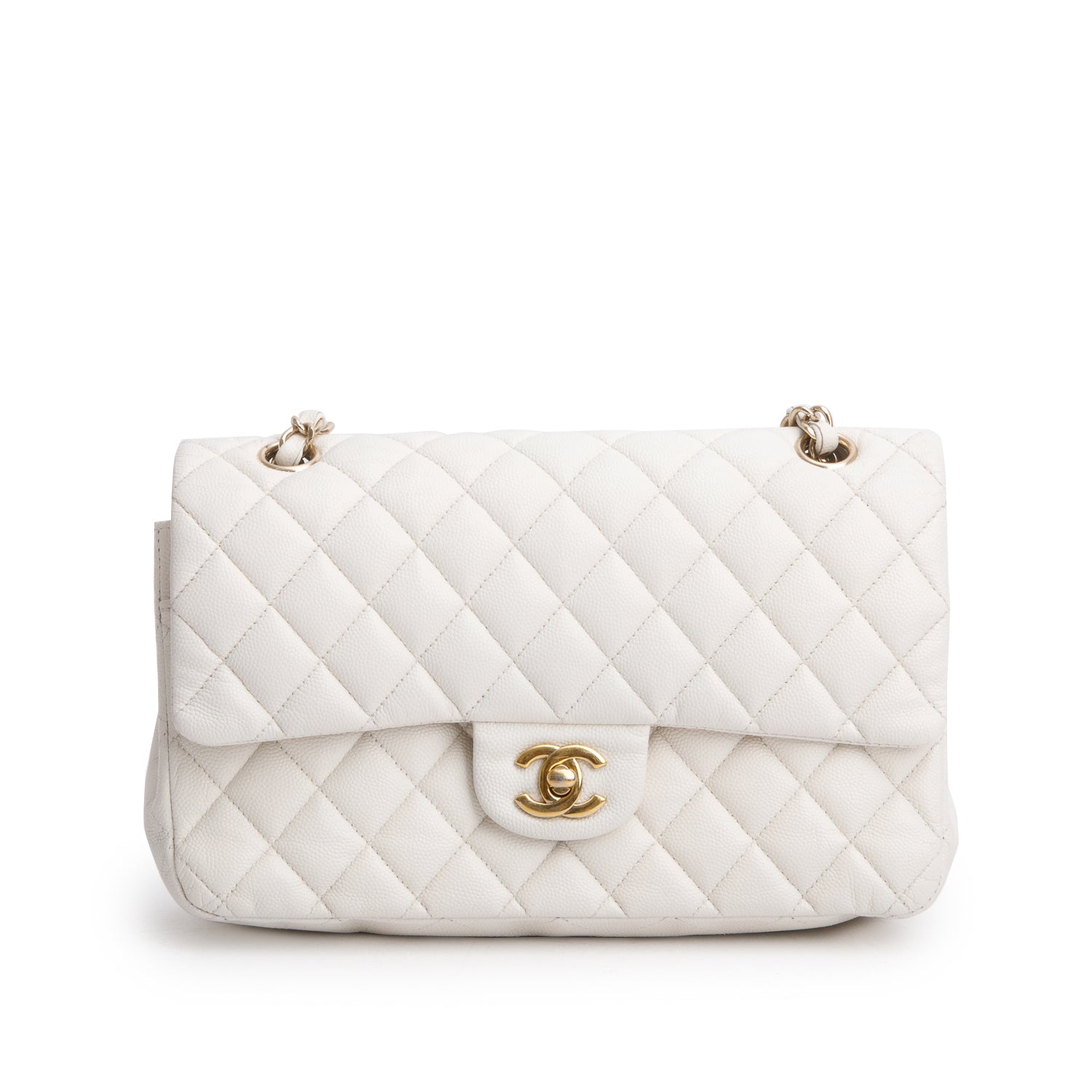 Chanel White Caviar Quilted Medium Double Flap Bag w/ Box