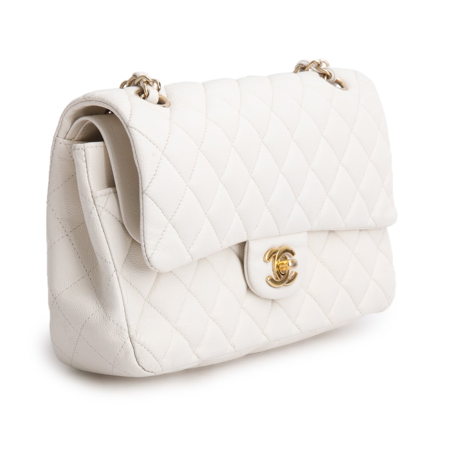 Chanel White Caviar Quilted Medium Double Flap Bag w/ Box