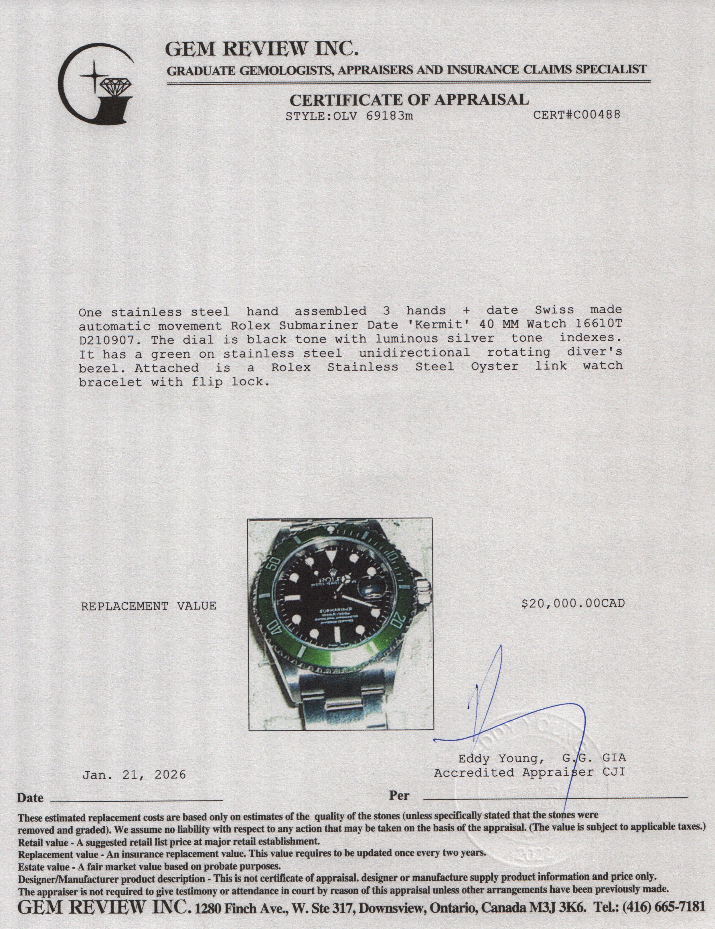Rolex Stainless Steel Submariner Date 'Kermit' 40 MM Watch 16610T w/ Box & Papers